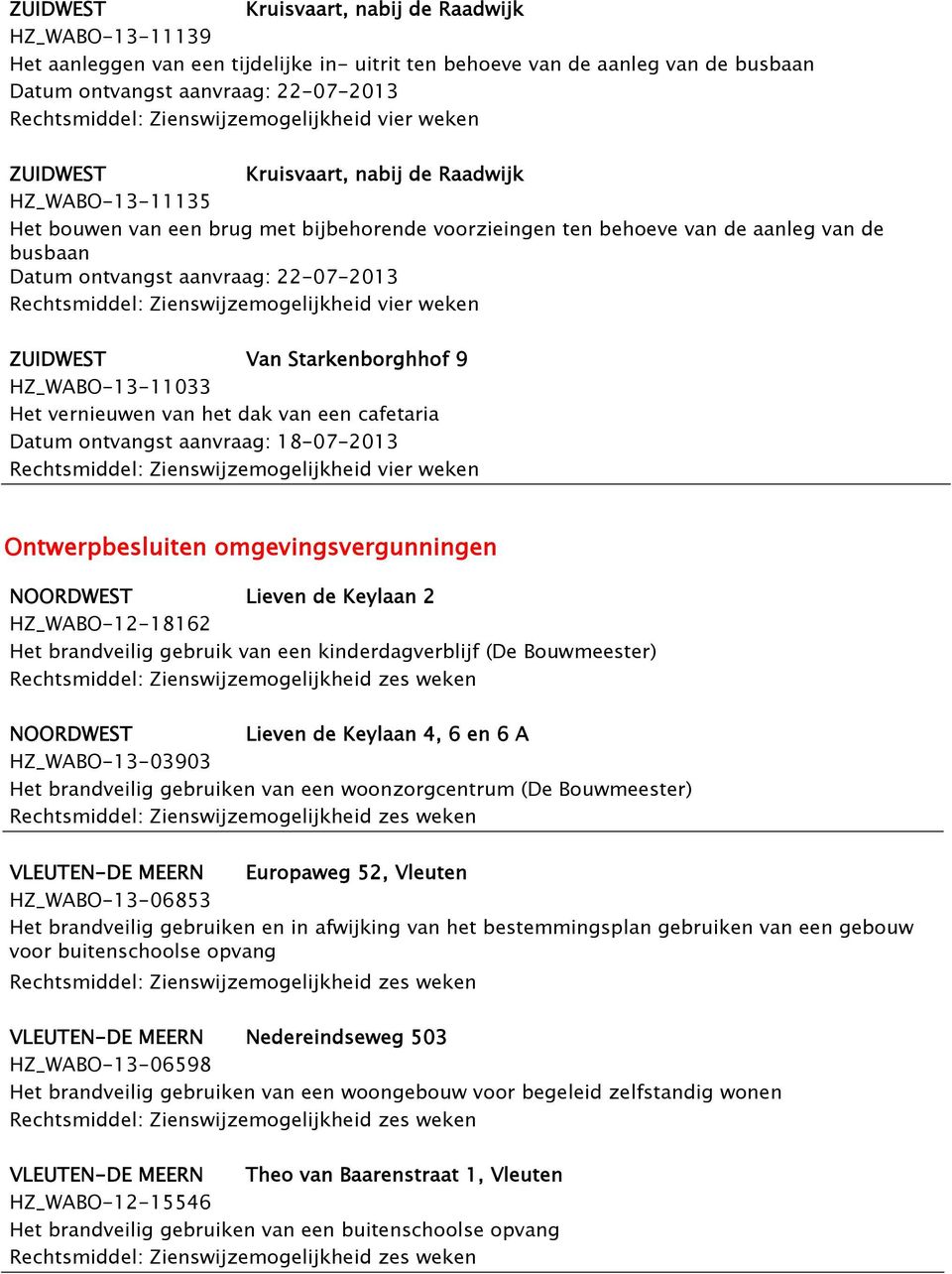 HZ_WABO-13-11033 Het vernieuwen van het dak van een cafetaria Ontwerpbesluiten omgevingsvergunningen NOORDWEST Lieven de Keylaan 2 HZ_WABO-12-18162 Het brandveilig gebruik van een kinderdagverblijf