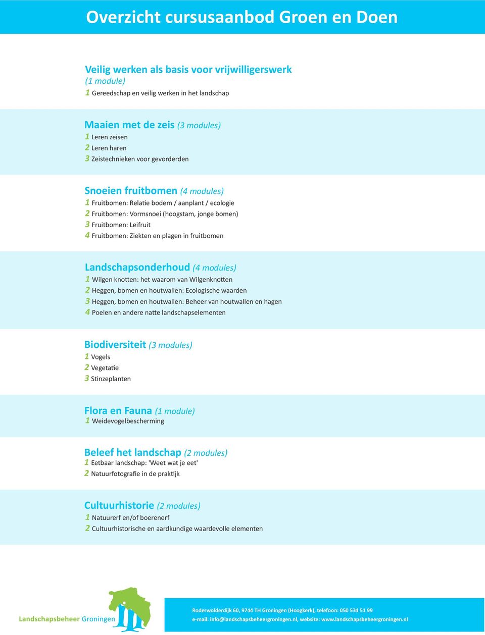 modules) 1 2 3 4 Biodiversiteit (3 modules) 1 Vogels 2 3 Flora en Fauna (1 module) 1 Weidevogelbescherming Beleef het landschap (2 modules) 1 2 Cultuurhistorie (2