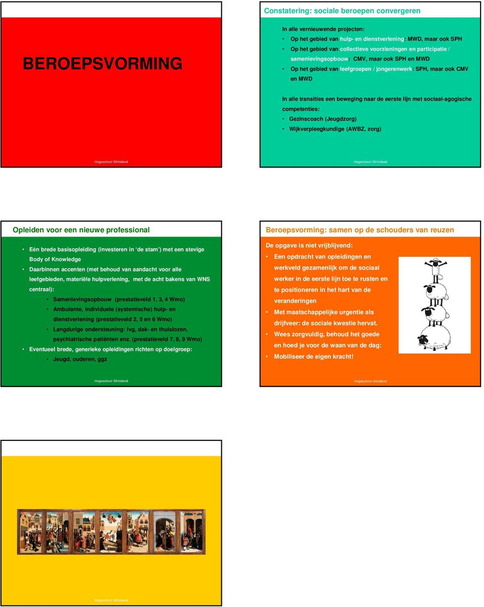 sociaal-agogische competenties: Gezinscoach (Jeugdzorg) Wijkverpleegkundige (AWBZ, zorg) Opleiden voor een nieuwe professional Eén brede basisopleiding (investeren in de stam ) met een stevige Body