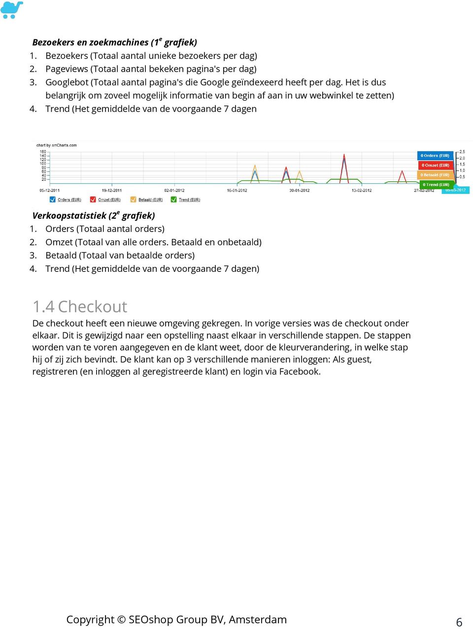 Trend (Het gemiddelde van de voorgaande 7 dagen Verkoopstatistiek (2 e grafiek) 1. Orders (Totaal aantal orders) 2. Omzet (Totaal van alle orders. Betaald en onbetaald) 3.