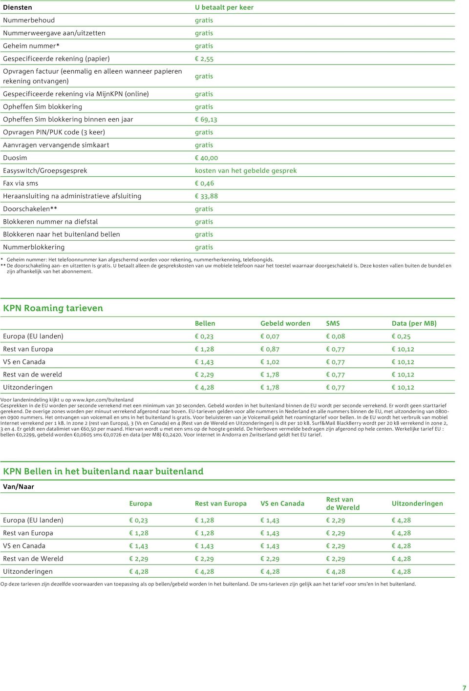 Easyswitch/Groepsgesprek kosten van het gebelde gesprek Fax via sms 0,46 Heraansluiting na administratieve afsluiting 33,88 Doorschakelen** Blokkeren nummer na diefstal Blokkeren naar het buitenland