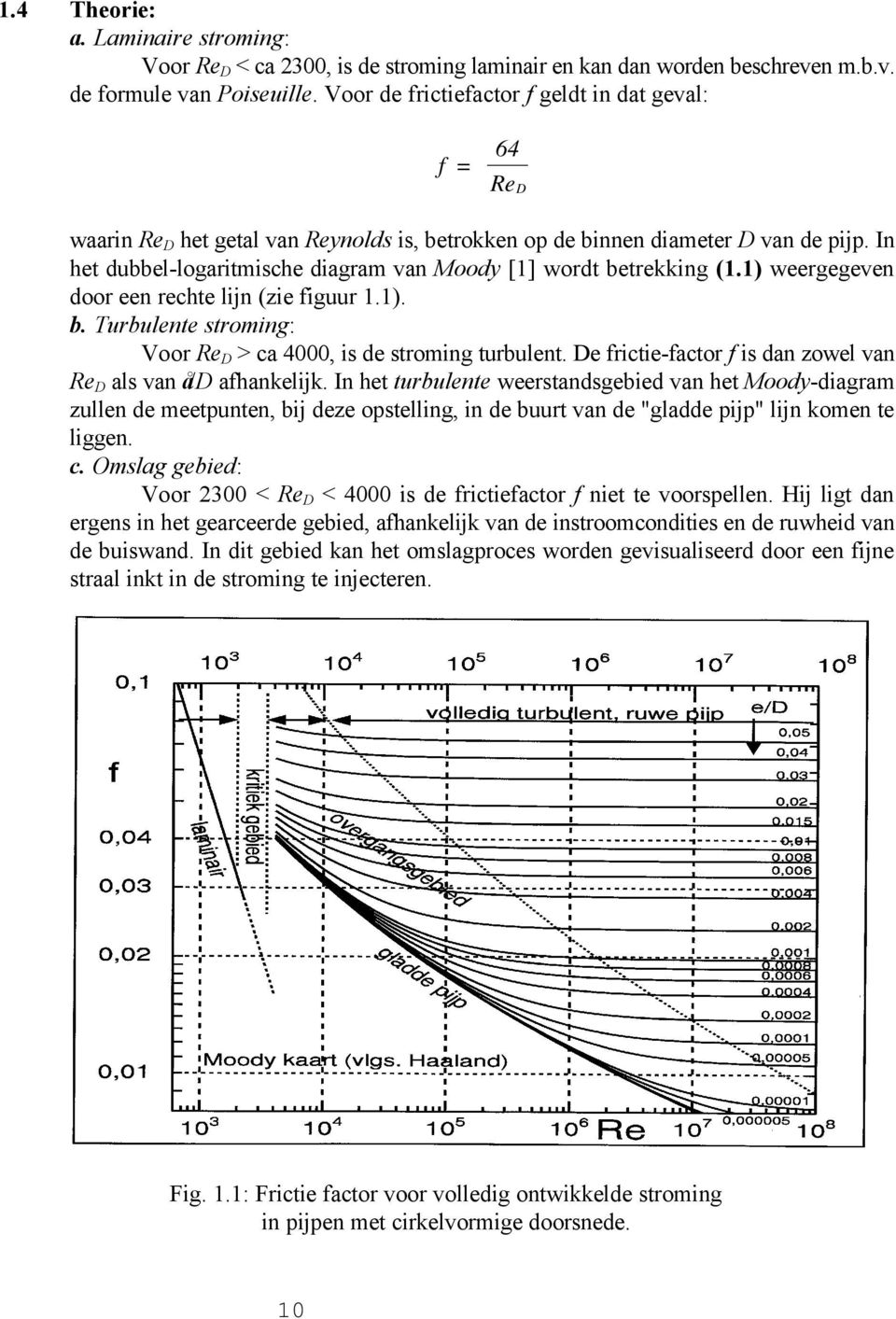 In het dubbel-logaritmische diagram van Moody [1] wordt betrekking (1.1) weergegeven door een rechte lijn (zie figuur 1.1). b. Turbulente stroming: Voor Re D > ca 4000, is de stroming turbulent.