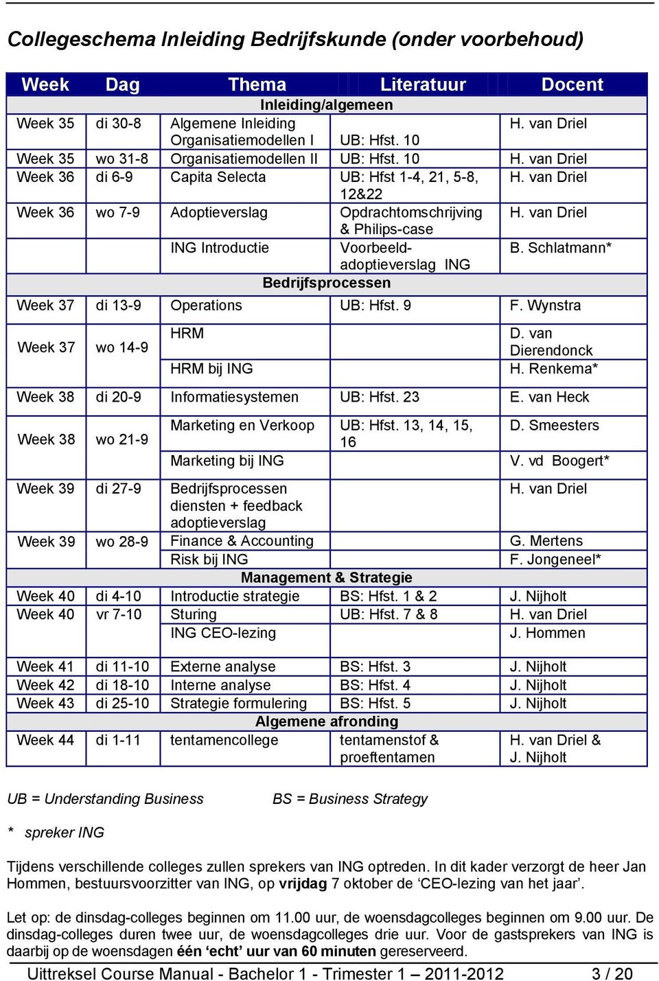 van Driel & Philips-case ING Introductie Voorbeeldadoptieverslag B. Schlatmann* ING Bedrijfsprocessen Week 37 di 13-9 Operations UB: Hfst. 9 F. Wynstra Week 37 wo 14-9 HRM HRM bij ING D.