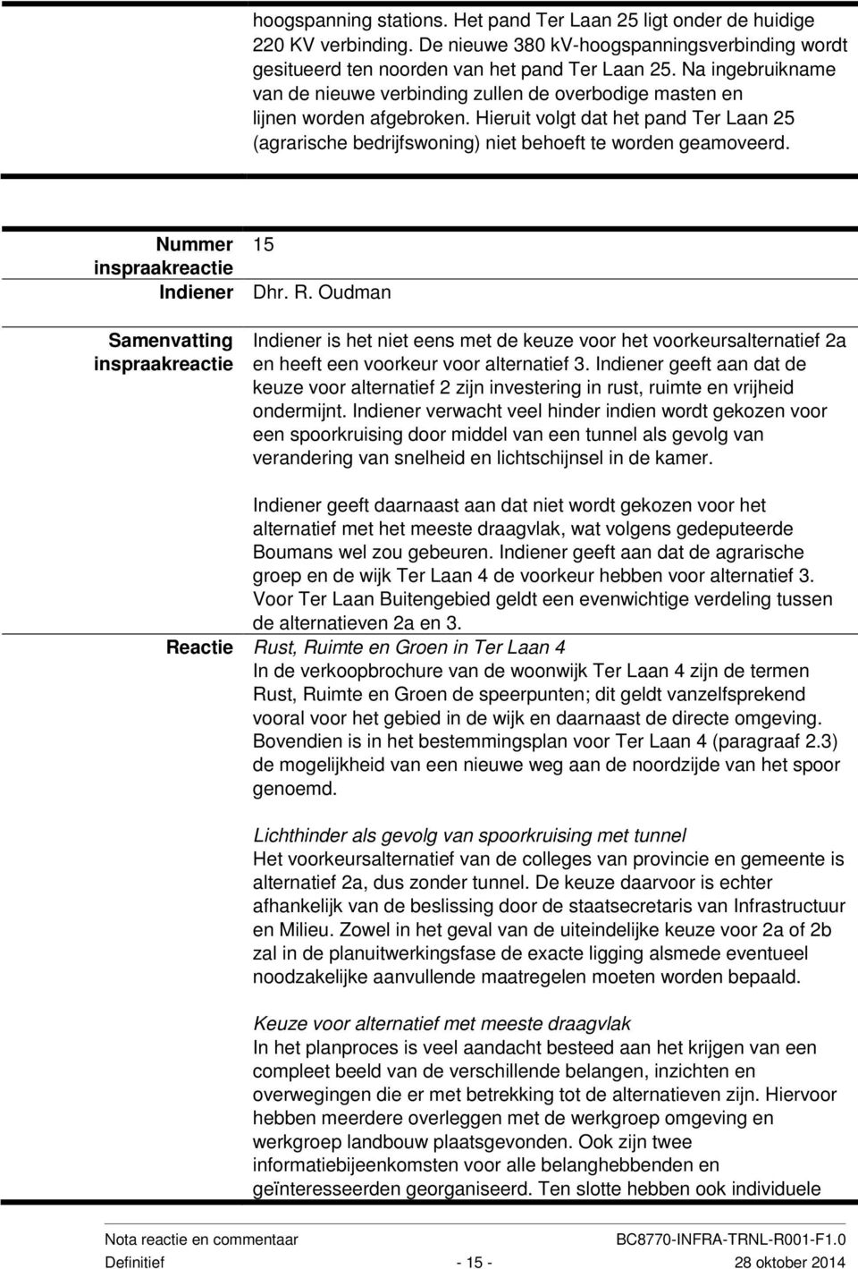 Nummer 15 inspraakreactie Indiener Dhr. R. Oudman Samenvatting inspraakreactie Indiener is het niet eens met de keuze voor het voorkeursalternatief 2a en heeft een voorkeur voor alternatief 3.