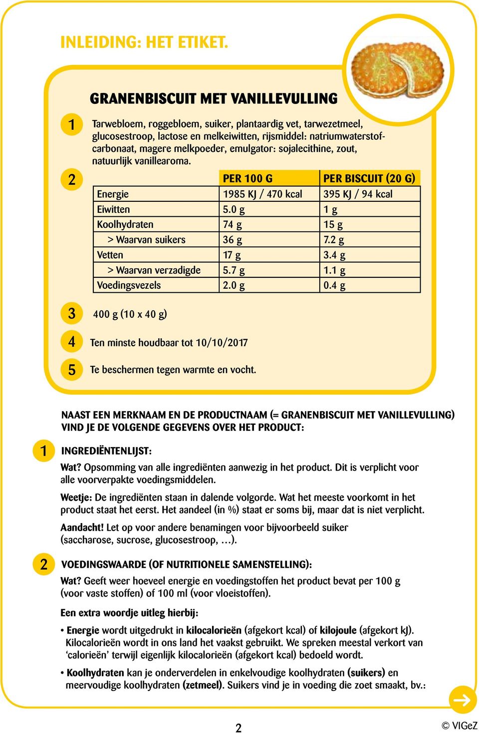 natuurlijk vanillearoma. PER 00 G PER BISCUIT (20 G) Energie 98 KJ / 70 kcal 9 KJ / 9 kcal Eiwitten.0 g g Koolhydraten 7 g g > Waarvan suikers 6 g 7.2 g Vetten 7 g. g > Waarvan verzadigde.7 g. g Voedingsvezels 2.