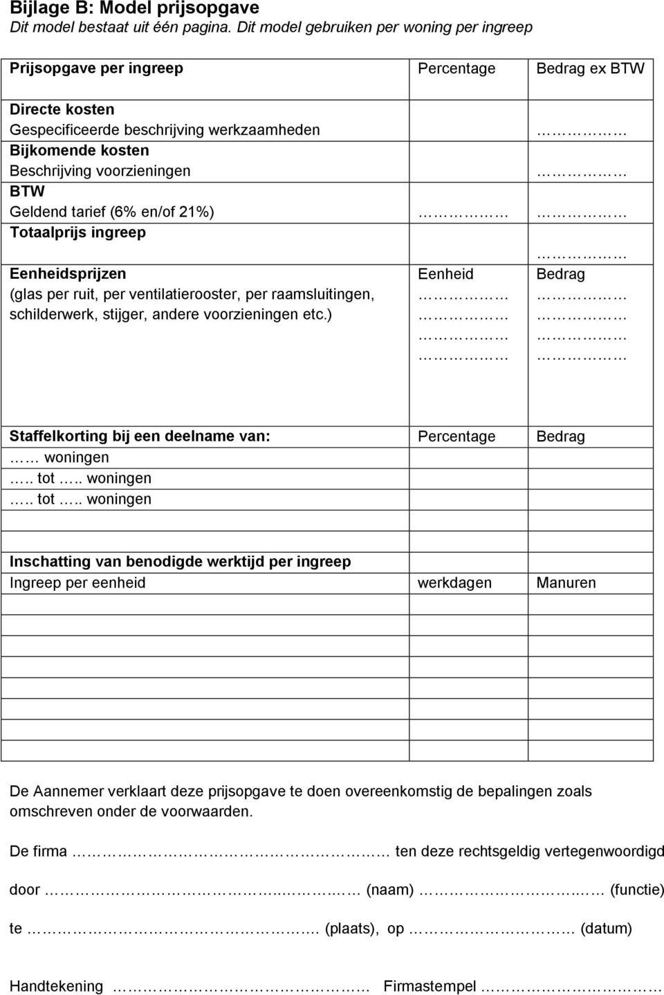 Geldend tarief (6% en/of 21%) Totaalprijs ingreep Eenheidsprijzen (glas per ruit, per ventilatierooster, per raamsluitingen, schilderwerk, stijger, andere voorzieningen etc.