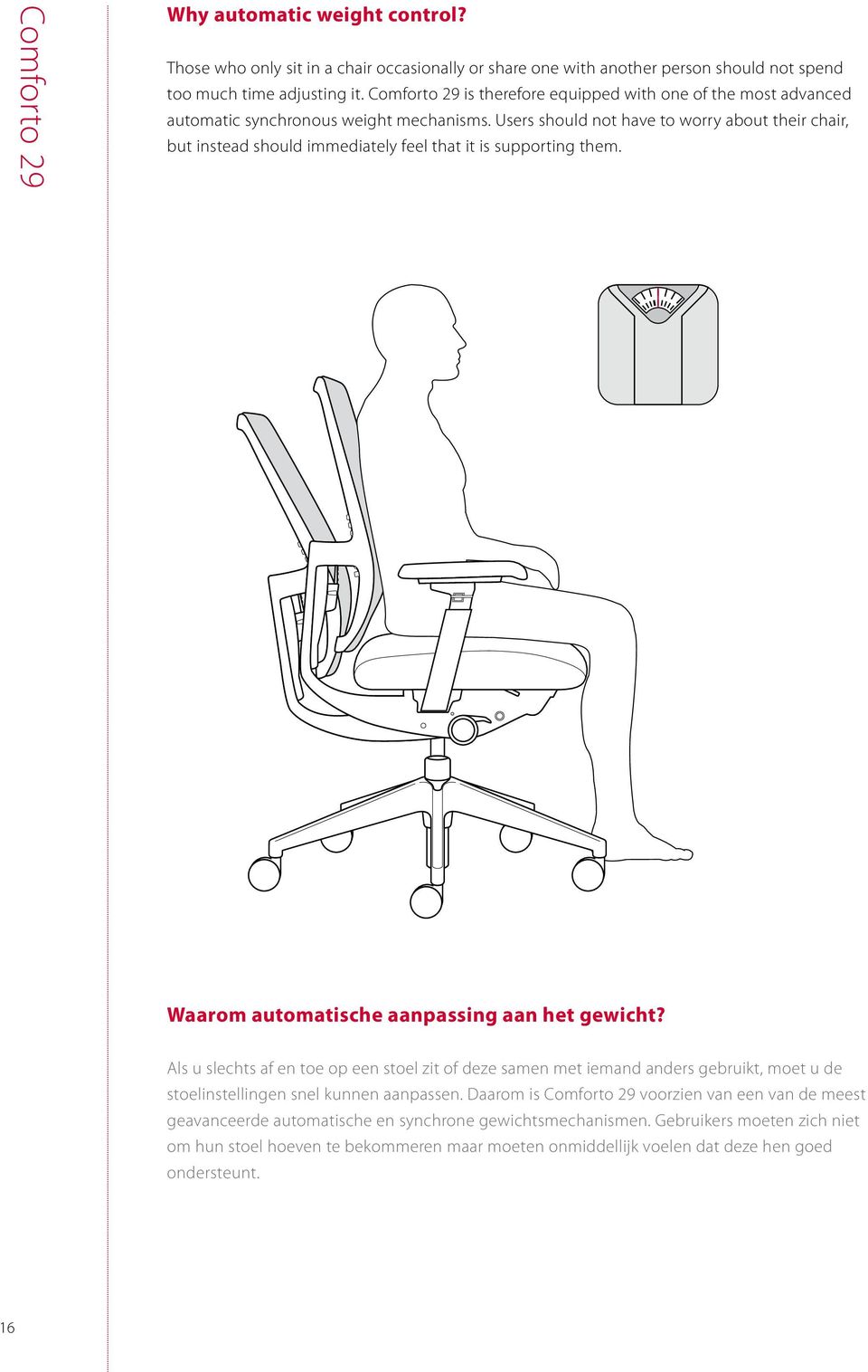 Users should not have to worry about their chair, but instead should immediately feel that it is supporting them. Waarom automatische aanpassing aan het gewicht?