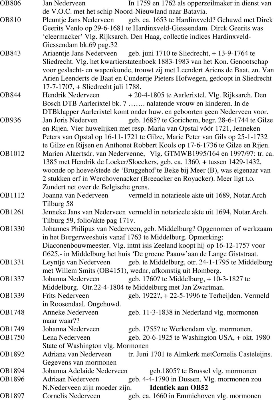 32 OB843 Ariaentje Jans Nederveen geb. juni 1710 te Sliedrecht, + 13-9-1764 te Sliedrecht. Vlg. het kwartierstatenboek 1883-1983 van het Kon.