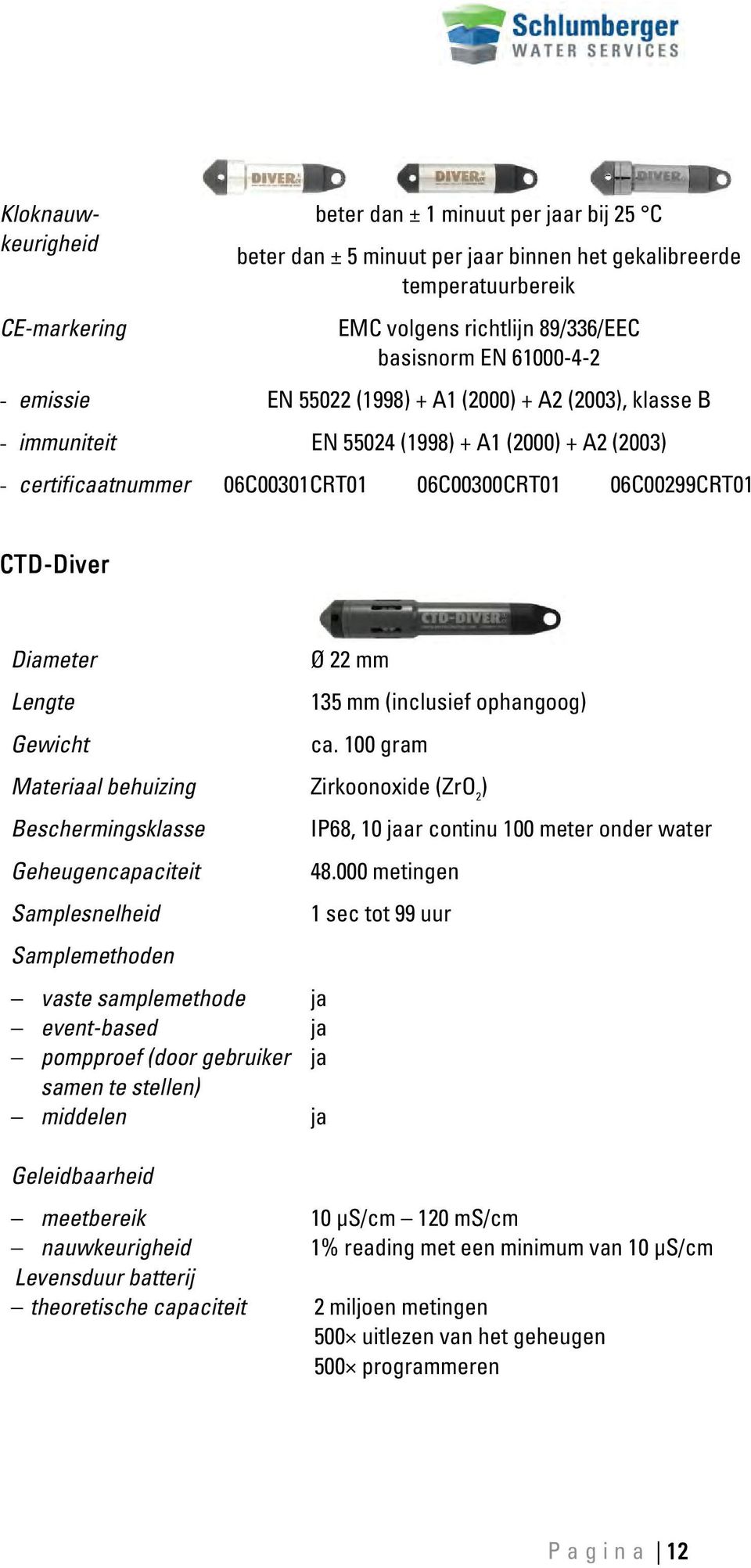 Ø 22 mm Lengte 135 mm (inclusief ophangoog) Gewicht ca. 100 gram Materiaal behuizing Zirkoonoxide (Zr 2 ) Beschermingsklasse IP68, 10 jaar continu 100 meter onder water Geheugencapaciteit 48.