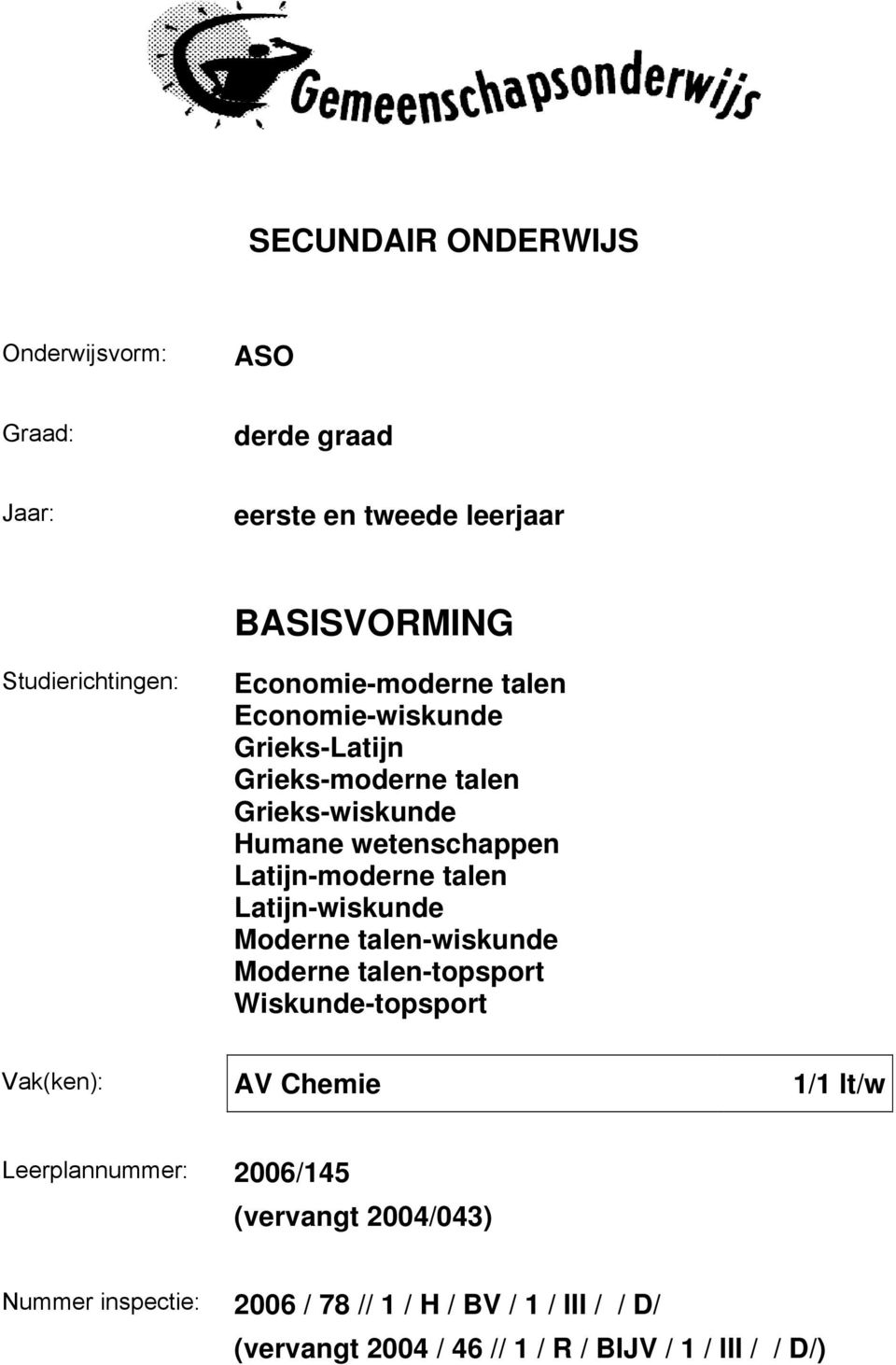 talen Latijn-wiskunde Moderne talen-wiskunde Moderne talen-topsport Wiskunde-topsport Vak(ken): AV Chemie 1/1 lt/w Leerplannummer: