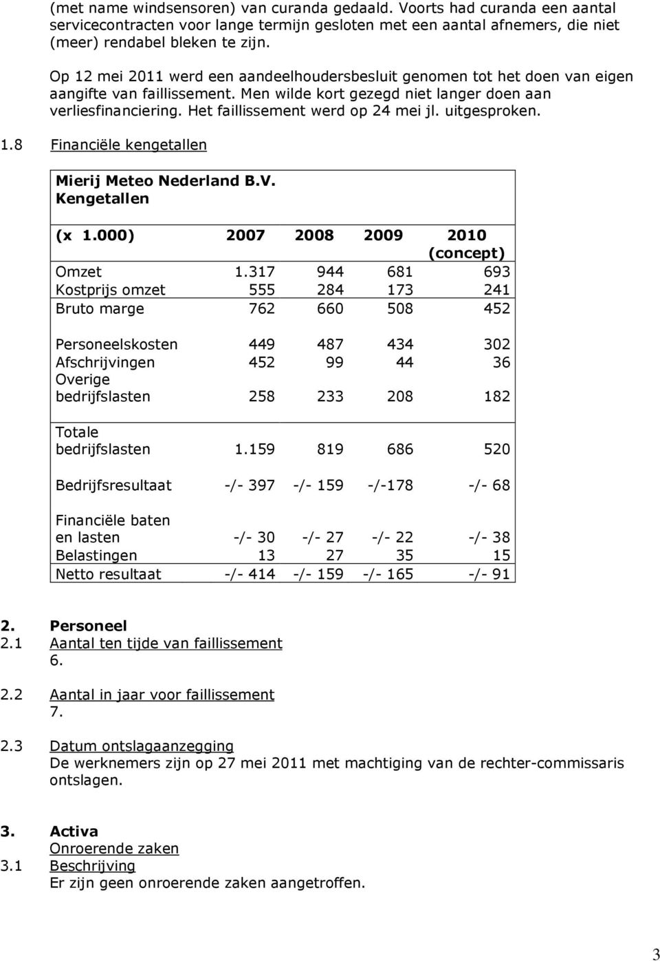 Het faillissement werd op 24 mei jl. uitgesproken. 1.8 Financiële kengetallen Mierij Meteo Nederland B.V. Kengetallen (x 1.000) 2007 2008 2009 2010 (concept) Omzet 1.