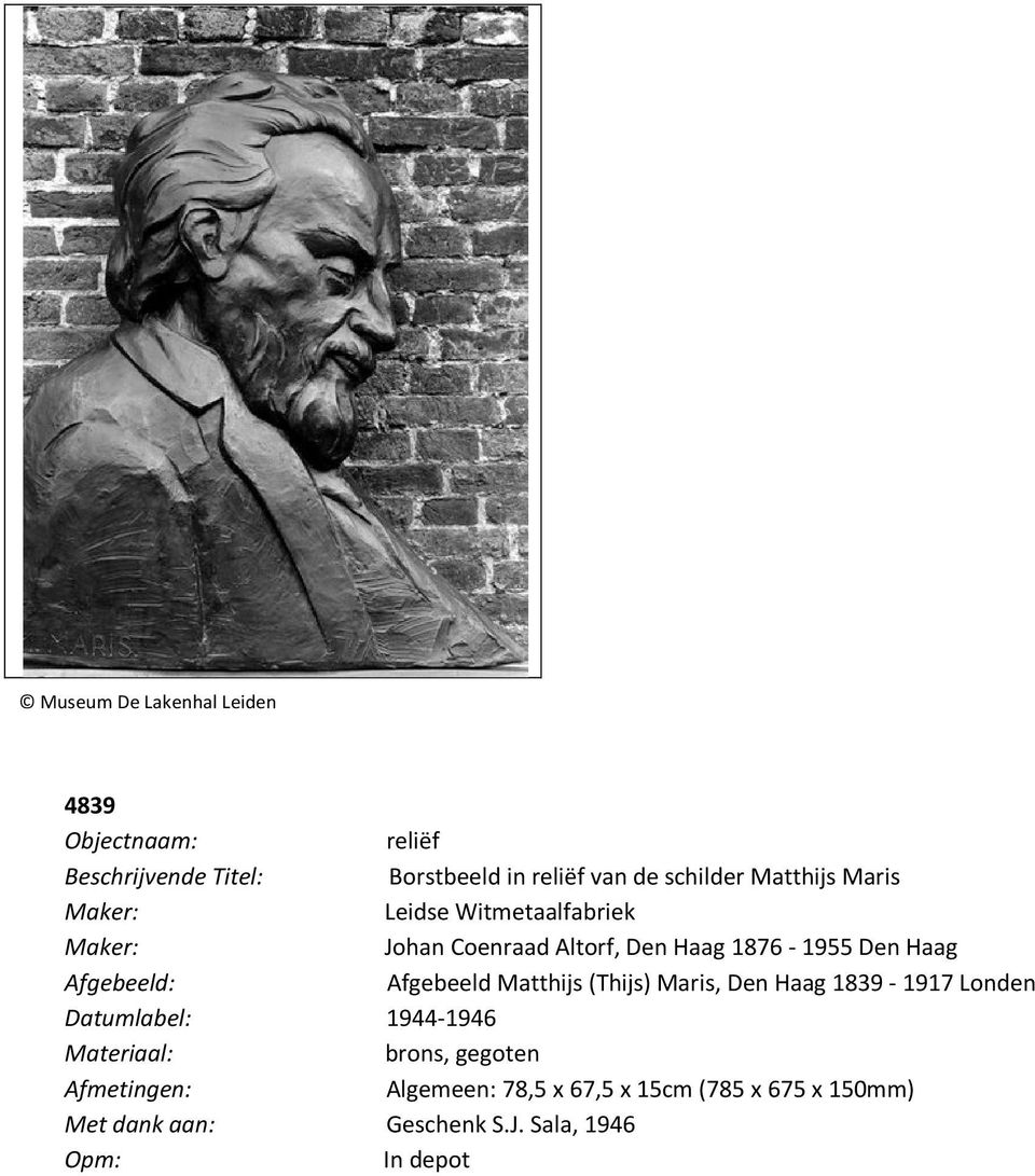Afgebeeld: Afgebeeld Matthijs (Thijs) Maris, Den Haag 1839-1917 Londen Datumlabel: 1944-1946 Materiaal: brons,
