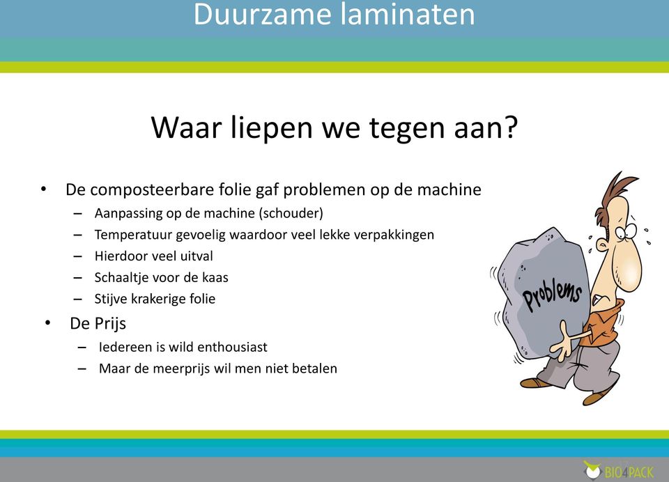 (schouder) Temperatuur gevoelig waardoor veel lekke verpakkingen Hierdoor veel