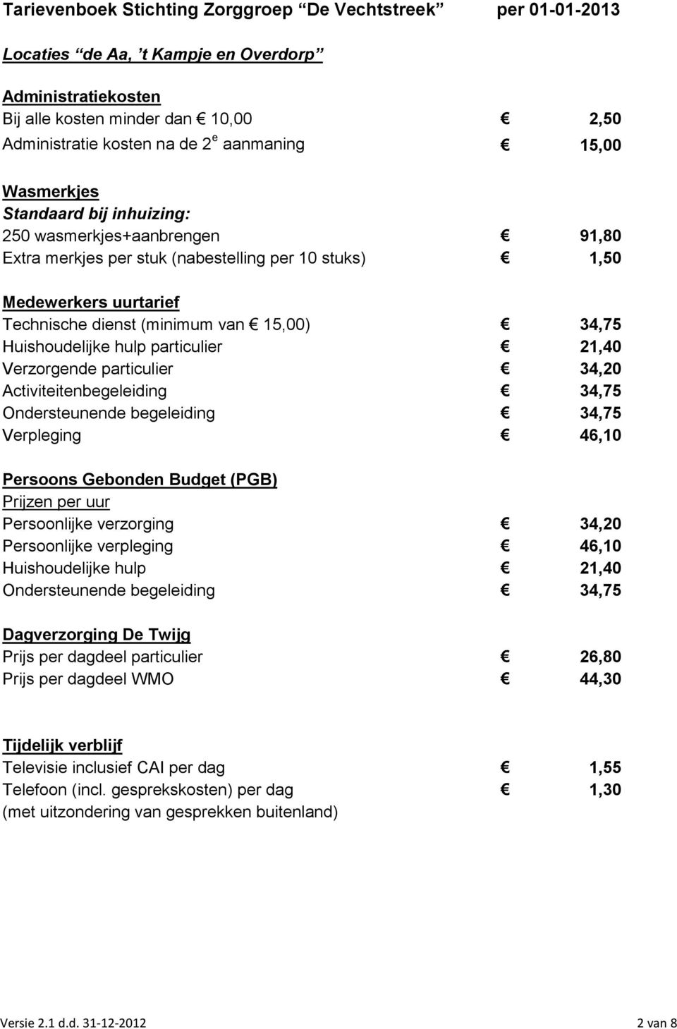 particulier 34,20 Activiteitenbegeleiding 34,75 Ondersteunende begeleiding 34,75 Verpleging 46,10 Persoons Gebonden Budget (PGB) Prijzen per uur Persoonlijke verzorging 34,20 Persoonlijke verpleging