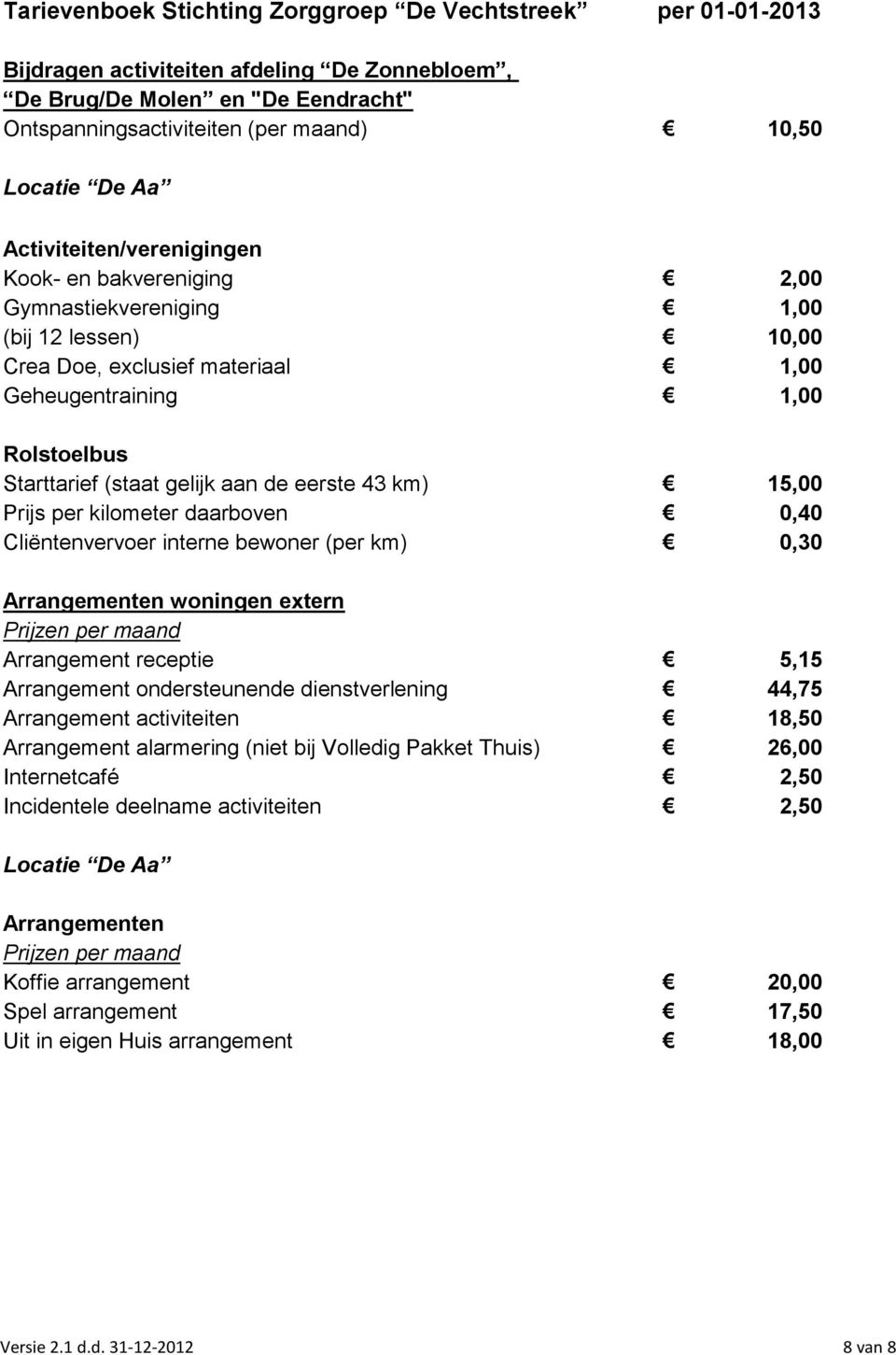 0,40 Cliëntenvervoer interne bewoner (per km) 0,30 Arrangementen woningen extern Prijzen per maand Arrangement receptie 5,15 Arrangement ondersteunende dienstverlening 44,75 Arrangement activiteiten