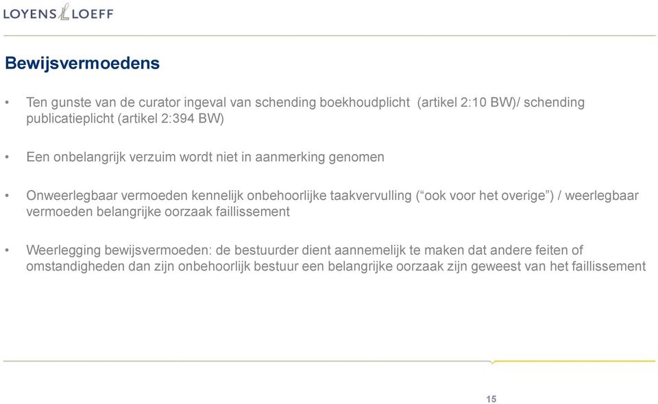 voor het overige ) / weerlegbaar vermoeden belangrijke oorzaak faillissement Weerlegging bewijsvermoeden: de bestuurder dient