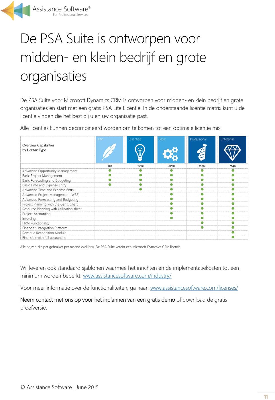 Alle licenties kunnen gecombineerd worden om te komen tot een optimale licentie mix. Alle prijzen zijn per gebruiker per maand excl. btw. De PSA Suite vereist een Microsoft Dynamics CRM licentie.