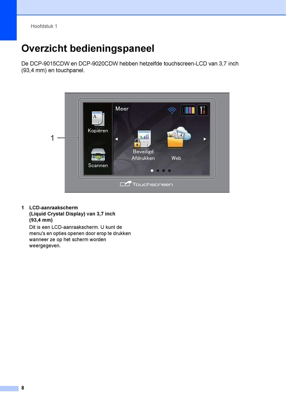 1 1 LCD-aanraakscherm (Liquid Crystal Display) van 3,7 inch (93,4 mm) Dit is een