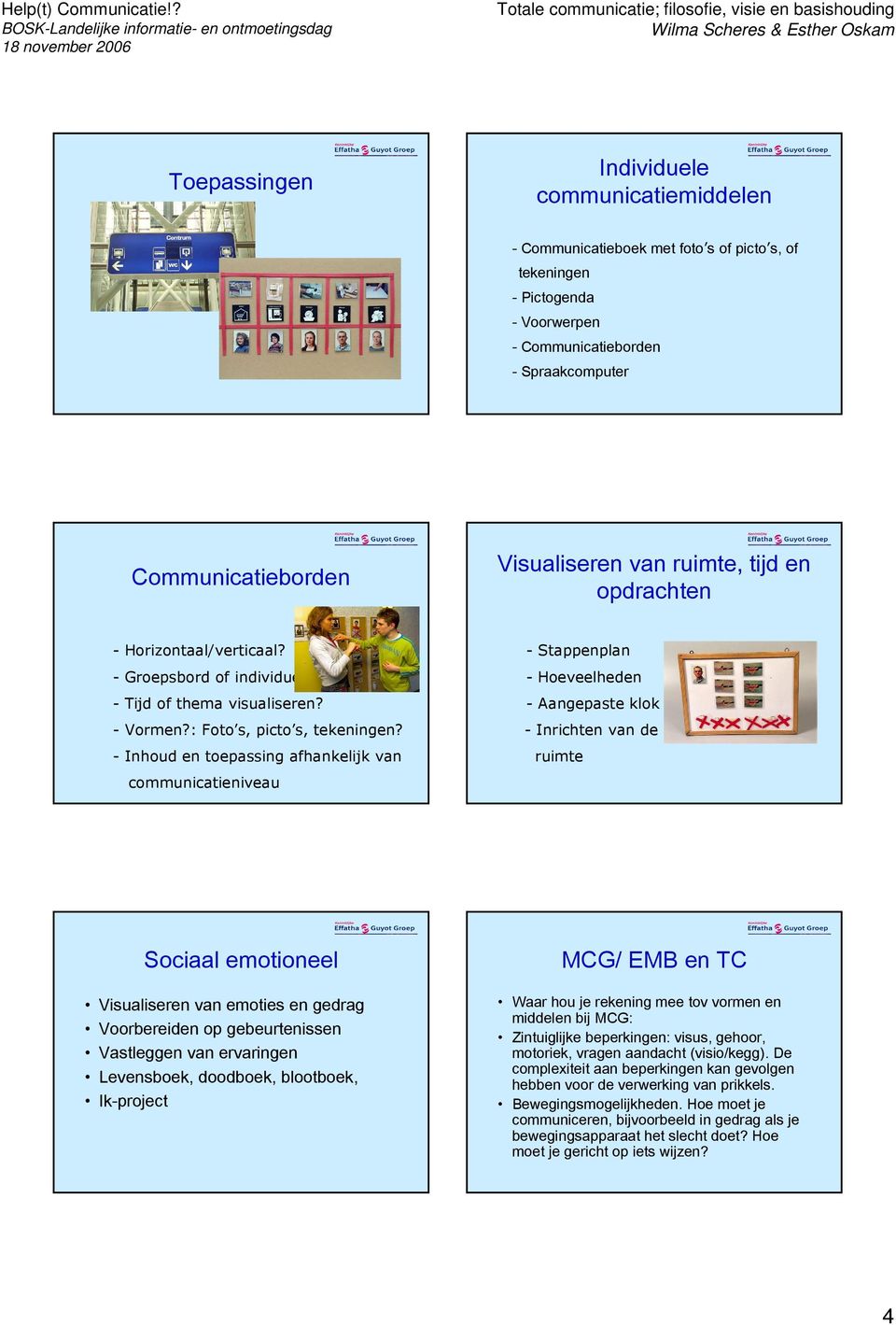 - Inhoud en toepassing afhankelijk van communicatieniveau - Stappenplan - Hoeveelheden - Aangepaste klok - Inrichten van de ruimte Sociaal emotioneel Visualiseren van emoties en gedrag Voorbereiden