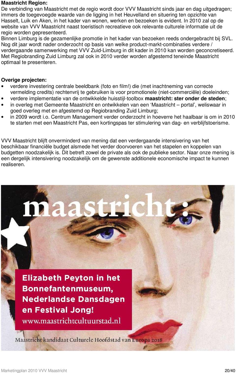 In 2010 zal op de website van VVV Maastricht naast toeristisch recreatieve ook relevante culturele informatie uit de regio worden gepresenteerd.