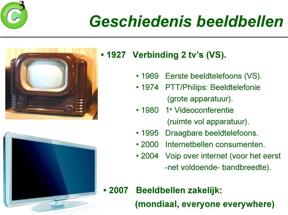 1980 1e Videoconferentie (ruimte vol apparatuur). 1995 Draagbare beeldtelefoons.