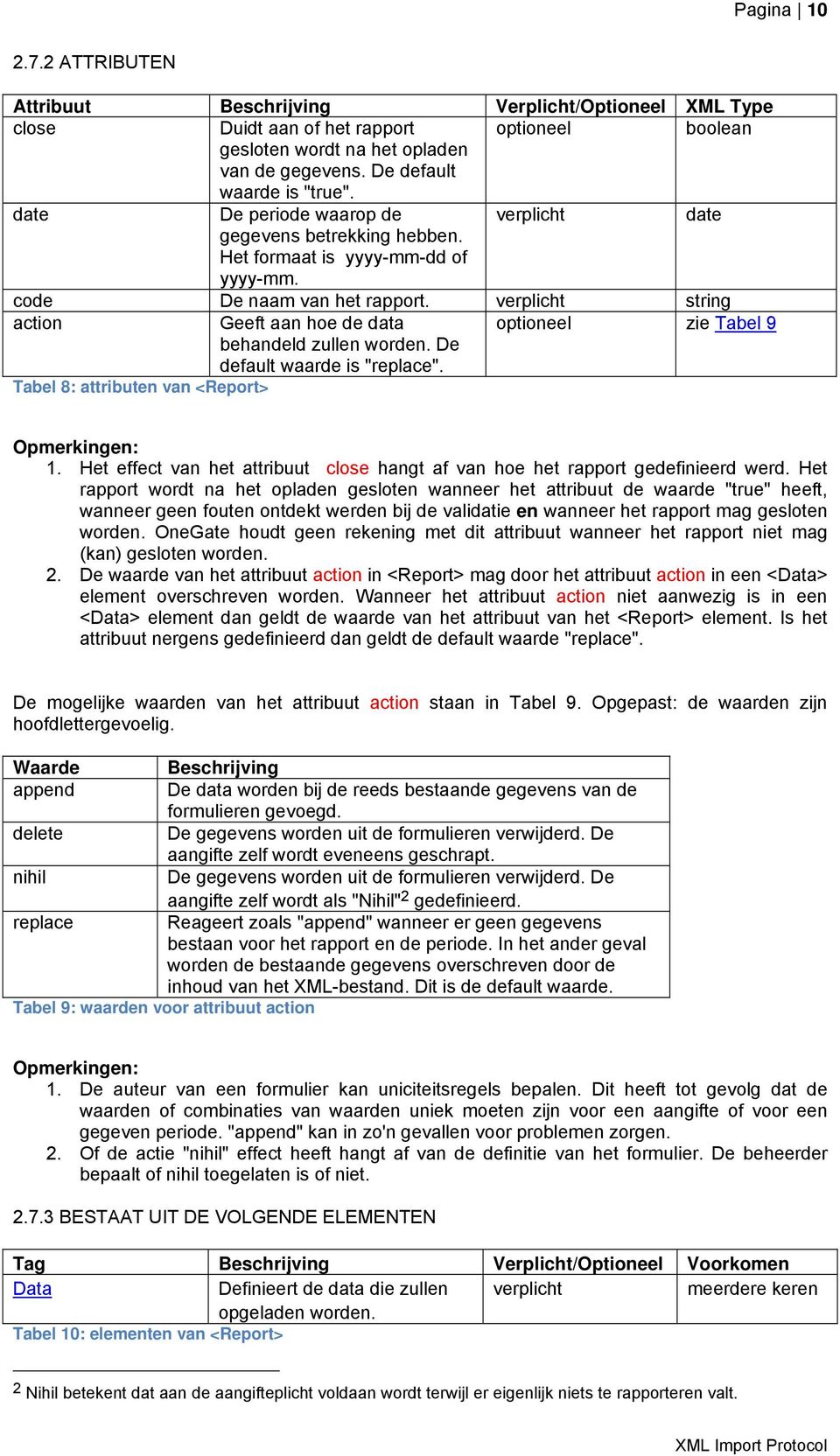 verplicht string action Geeft aan hoe de data optioneel zie Tabel 9 behandeld zullen worden. De default waarde is "replace". Tabel 8: attributen van <Report> Opmerkingen: 1.