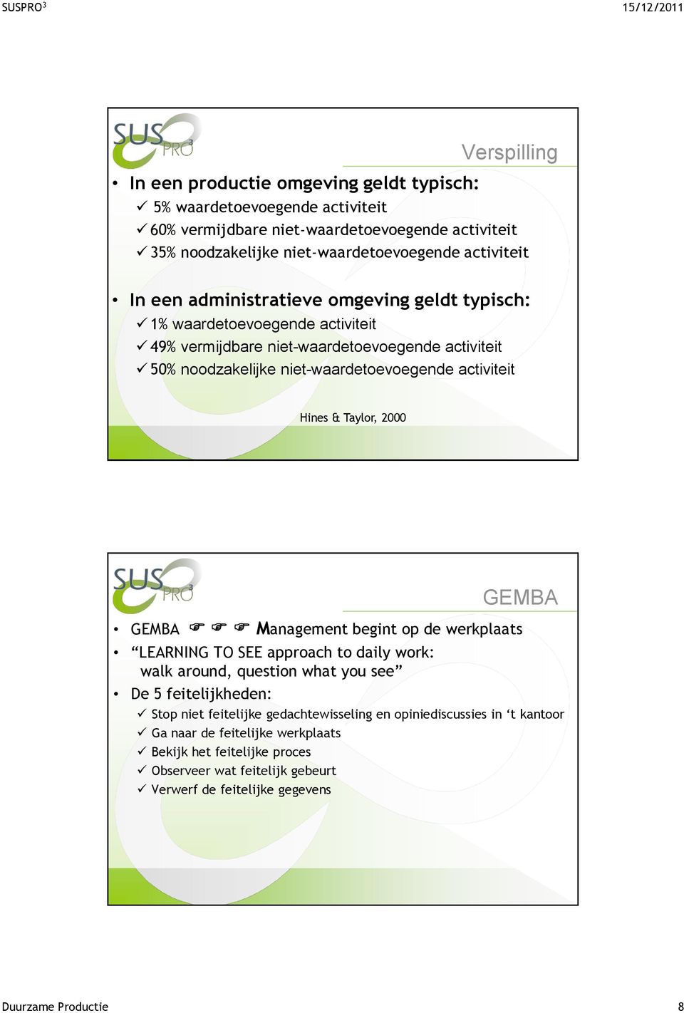 Taylor, 2000 GEMBA Management begint op de werkplaats LEARNING TO SEE approach to daily work: walk around, question what you see De 5 feitelijkheden: GEMBA Stop niet feitelijke