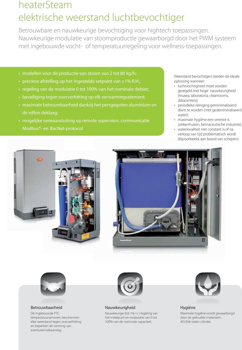 modellen voor de productie van stoom van 2 tot 80 kg/h; precieze afstelling op het ingestelde setpoint van ±1% R.H.