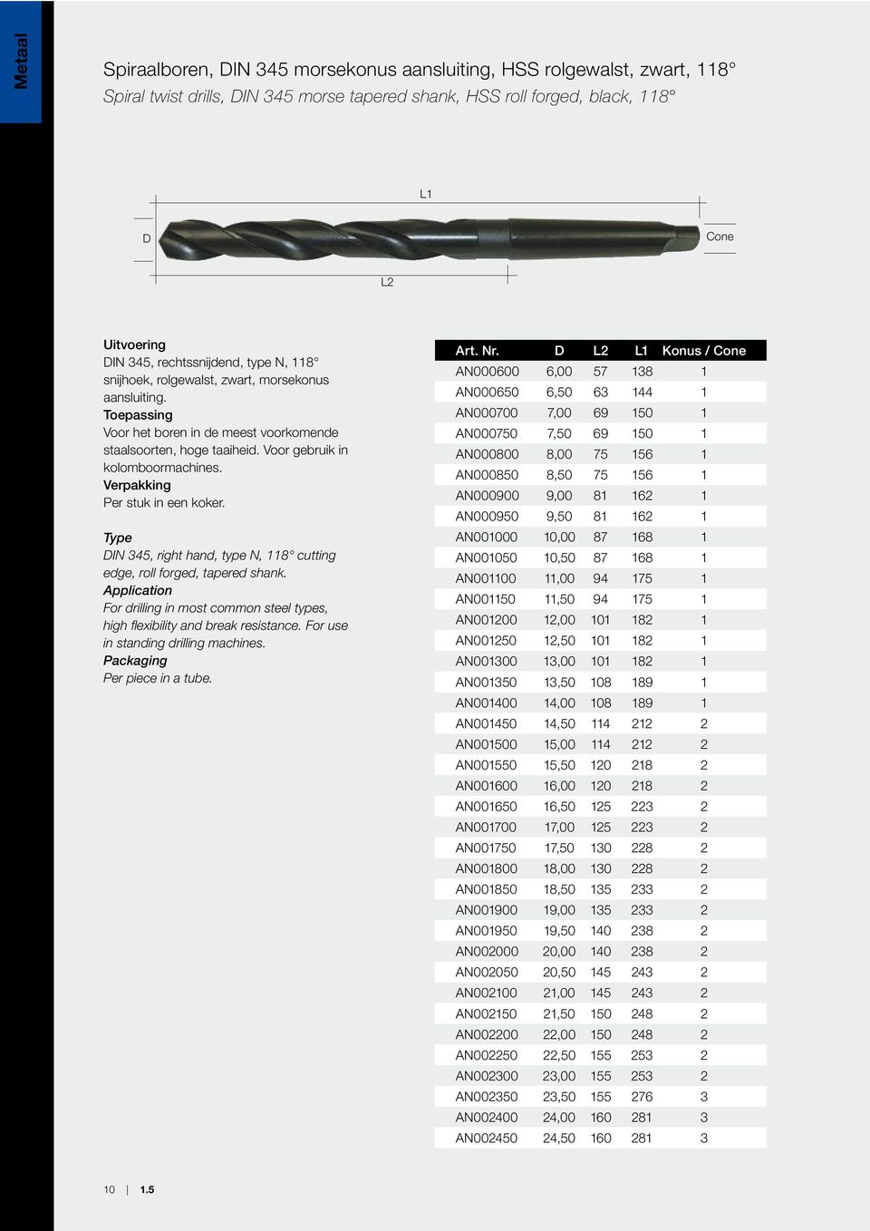 DIN 345, right hand, type N, 118 cutting edge, roll forged, tapered shank. For drilling in most common steel types, high flexibility and break resistance. For use in standing drilling machines.