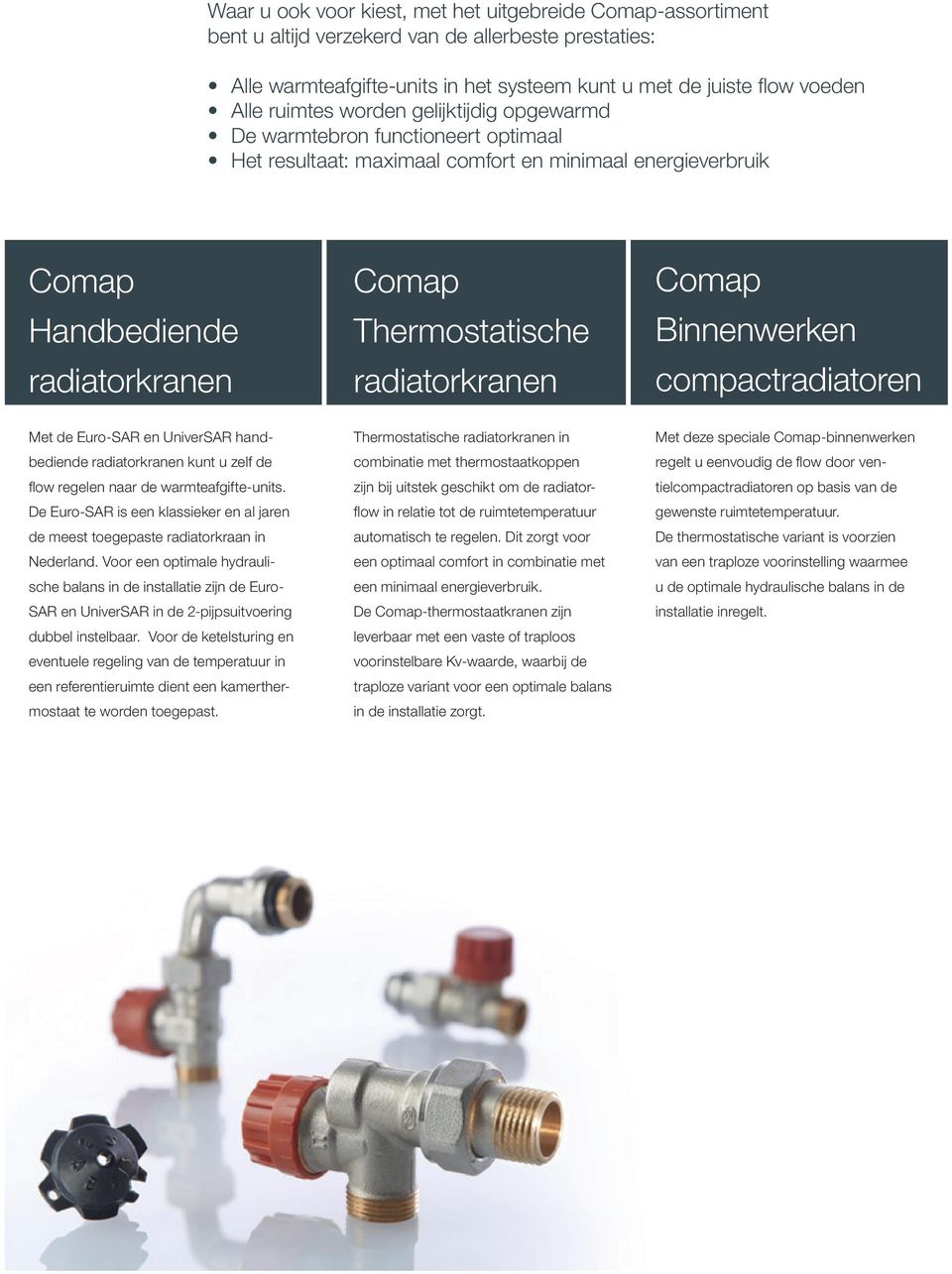 radiatorkranen Comap Binnenwerken compactradiatoren Met de Euro-SAR en UniverSAR handbediende radiatorkranen kunt u zelf de flow regelen naar de warmteafgifte-units.