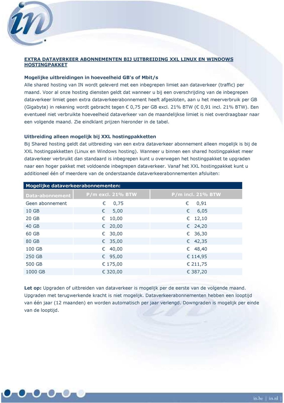Voor al onze hosting diensten geldt dat wanneer u bij een overschrijding van de inbegrepen dataverkeer limiet geen extra dataverkeerabonnement heeft afgesloten, aan u het meerverbruik per GB