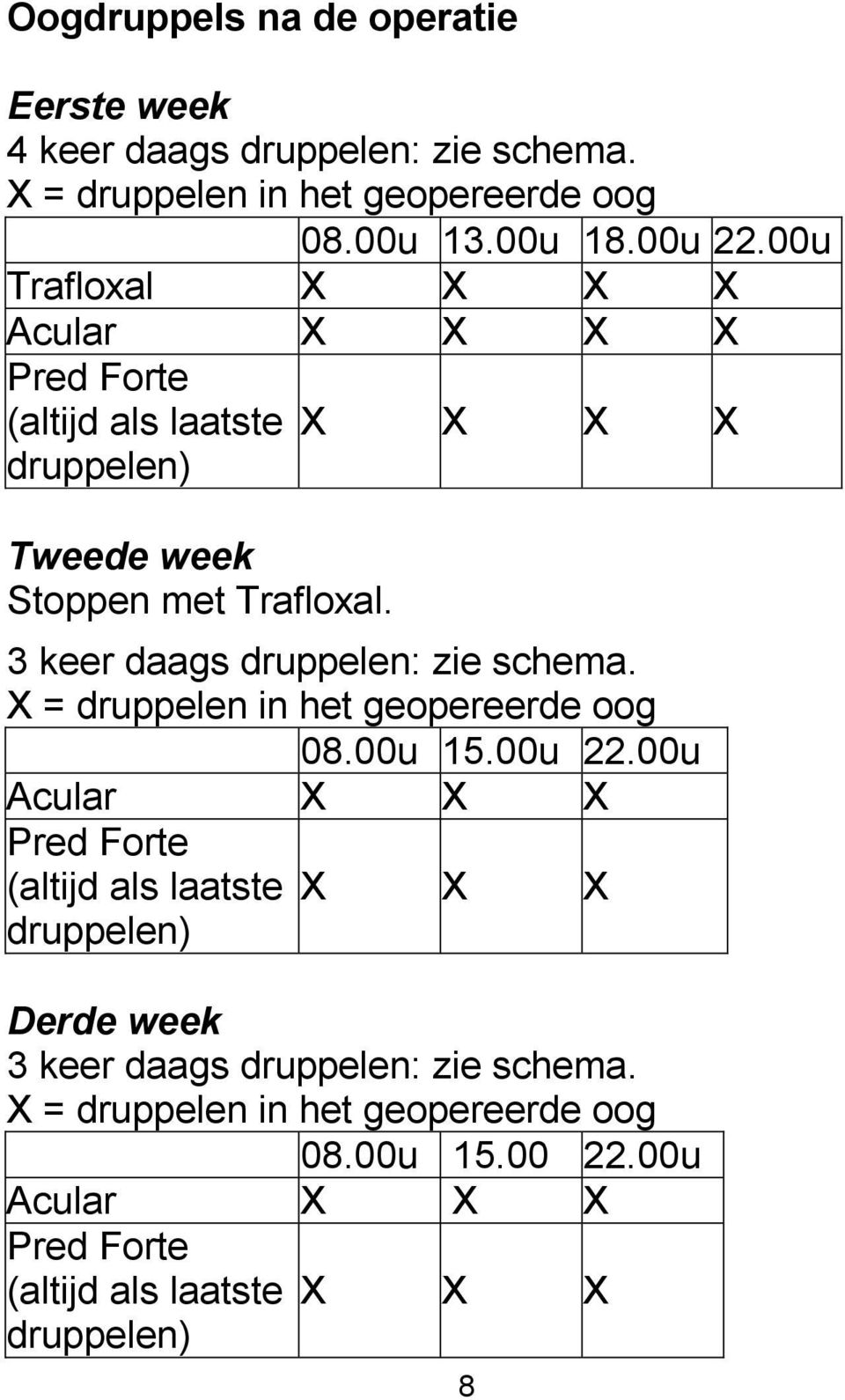 Trafloxal. 3 keer daags druppelen: zie schema. 08.00u 15.00u 22.