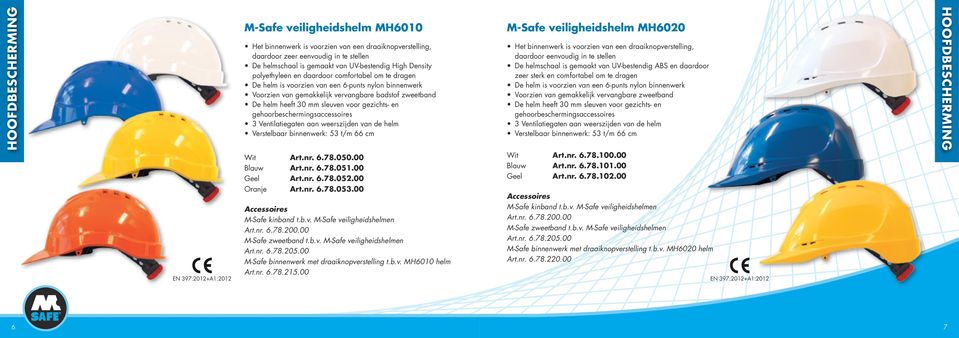 30 mm sleuven voor gezichts- en gehoorbeschermingsaccessoires 3 Ventilatiegaten aan weerszijden van de helm Verstelbaar binnenwerk: 53 t/m 66 cm Wit Art.nr. 6.78.050.00 Blauw Art.nr. 6.78.051.