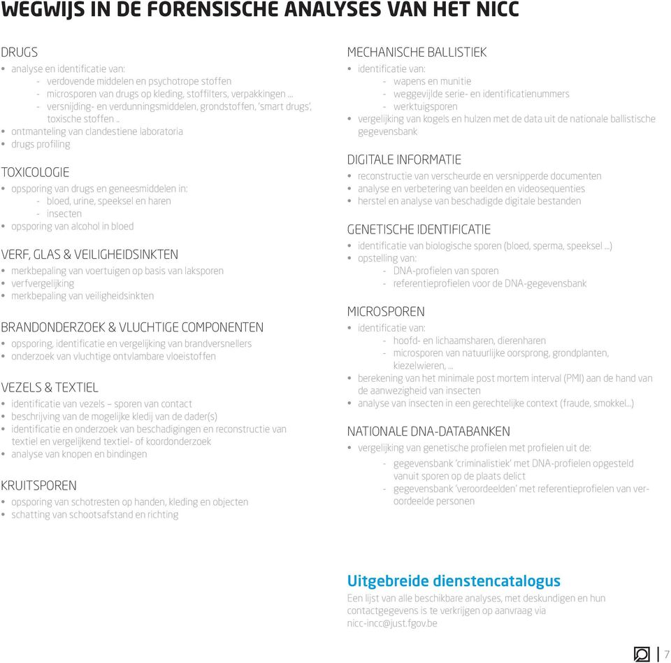 . ontmanteling van clandestiene laboratoria drugs profiling Toxicologie opsporing van drugs en geneesmiddelen in: - bloed, urine, speeksel en haren - insecten opsporing van alcohol in bloed Verf,