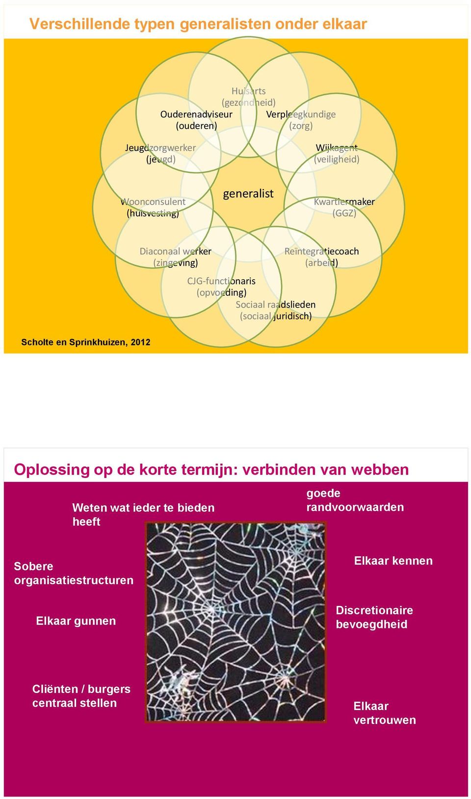 CJG-functionaris (opvoeding) Sociaal raadslieden (sociaal juridisch) Reïntegratiecoach (arbeid) Oplossing op de korte termijn: verbinden van webben Weten wat ieder