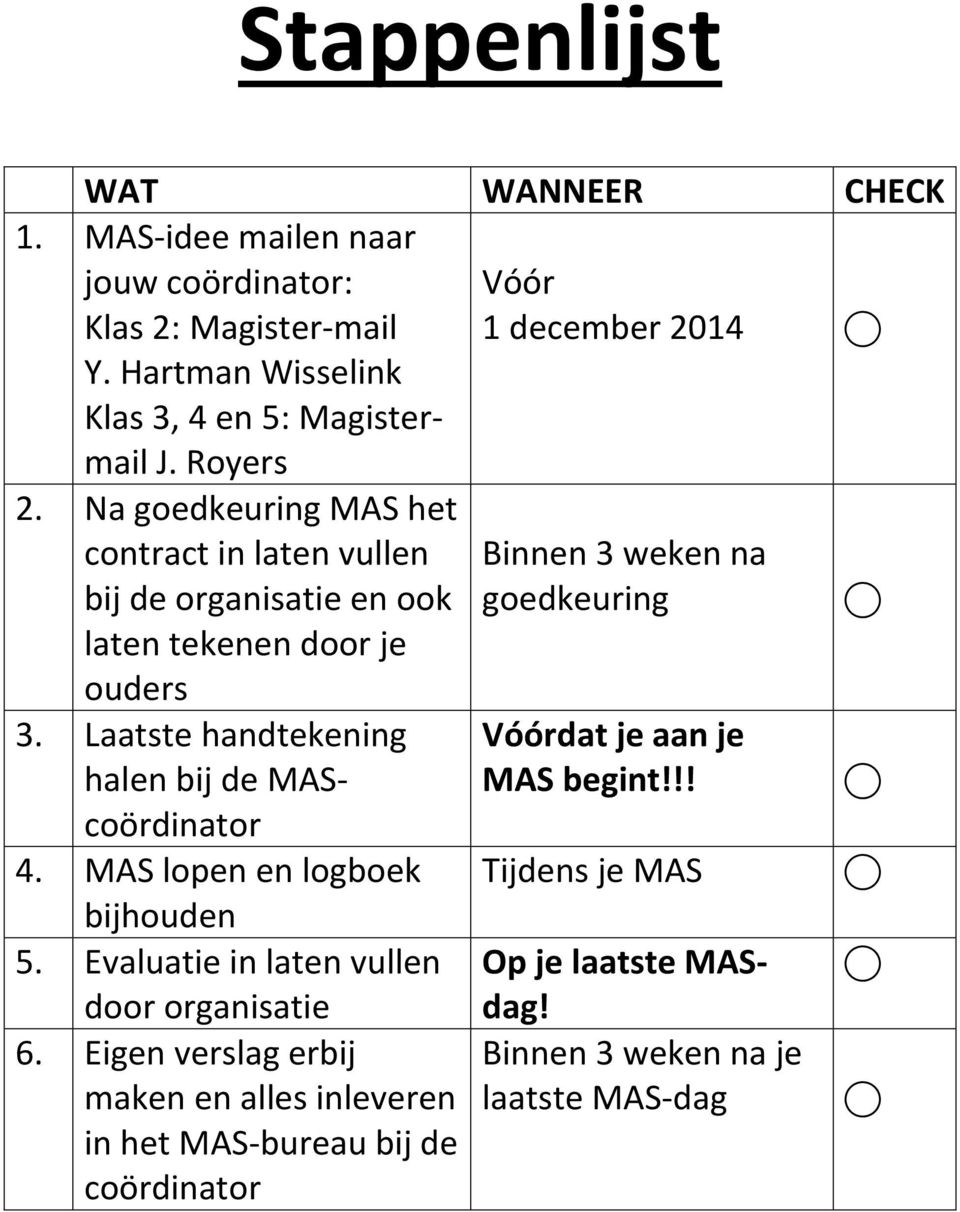 Laatste handtekening halen bij de MAScoördinator 4. MAS lopen en logboek bijhouden 5. Evaluatie in laten vullen door organisatie 6.