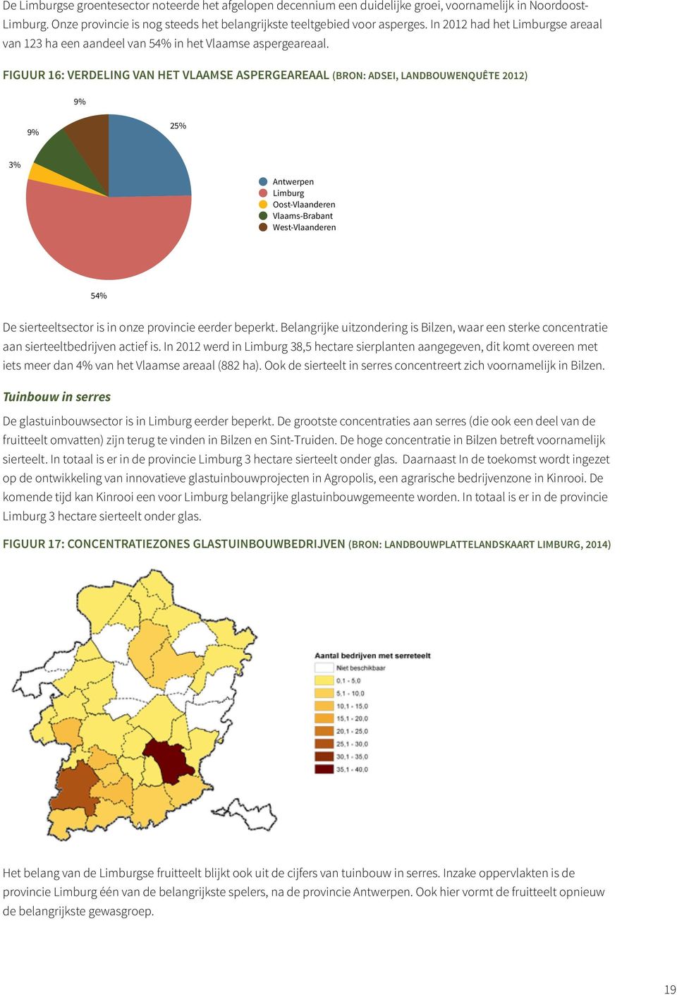 43% Antwerpen Limburg Oost-Vlaanderen Vlaams-Brabant West-Vlaanderen Figuur 16: verdeling van het Vlaamse aspergeareaal (Bron: ADSEI, Landbouwenquête 2012) uête 2012) 9% 9% 25% 3% Antwerpen Limburg