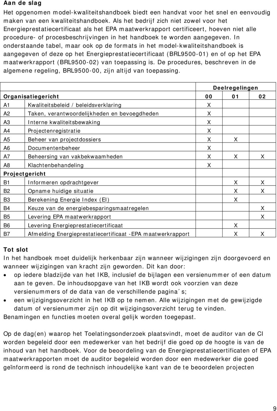 In onderstaande tabel, maar ook op de formats in het model-kwaliteitshandboek is aangegeven of deze op het Energieprestatiecertificaat (BRL9500-01) en of op het EPA maatwerkrapport (BRL9500-02) van