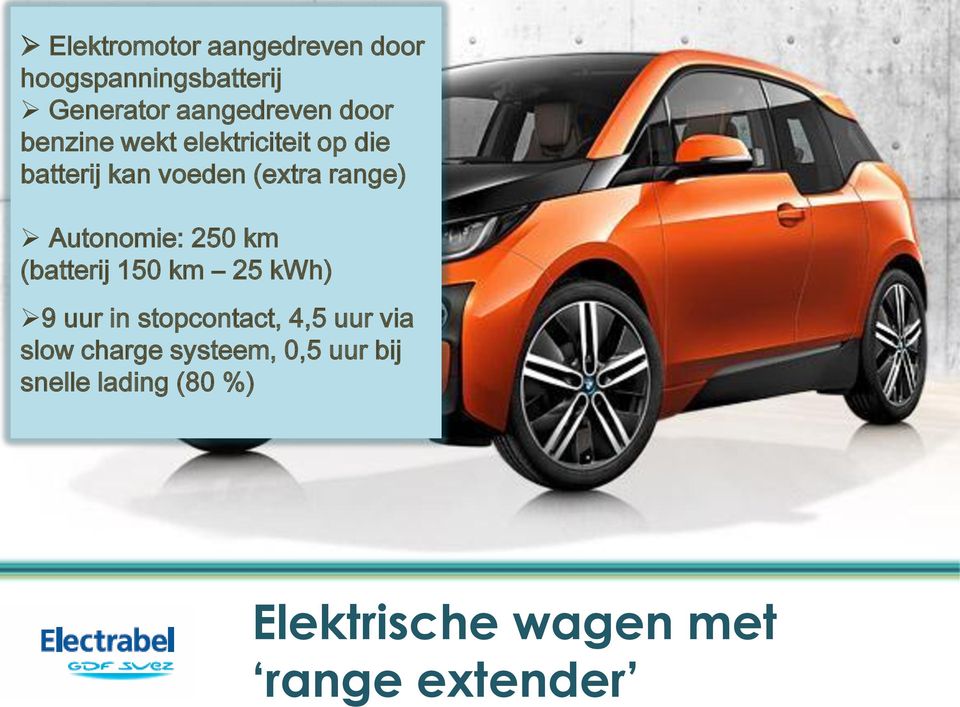 250 km (batterij 150 km 25 kwh) 9 uur in stopcontact, 4,5 uur via slow charge