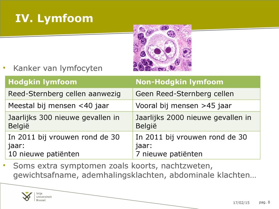 cellen Vooral bij mensen >45 jaar Jaarlijks 2000 nieuwe gevallen in België In 2011 bij vrouwen rond de 30 jaar: 7 nieuwe
