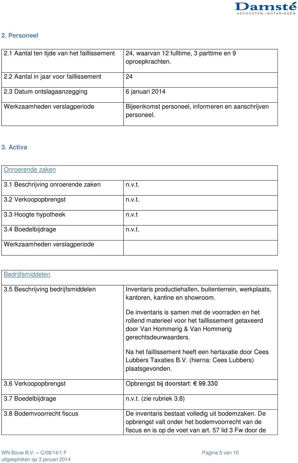 v.t 3.4 Boedelbijdrage n.v.t. Bedrijfsmiddelen 3.5 Beschrijving bedrijfsmiddelen Inventaris productiehallen, buitenterrein, werkplaats, kantoren, kantine en showroom.