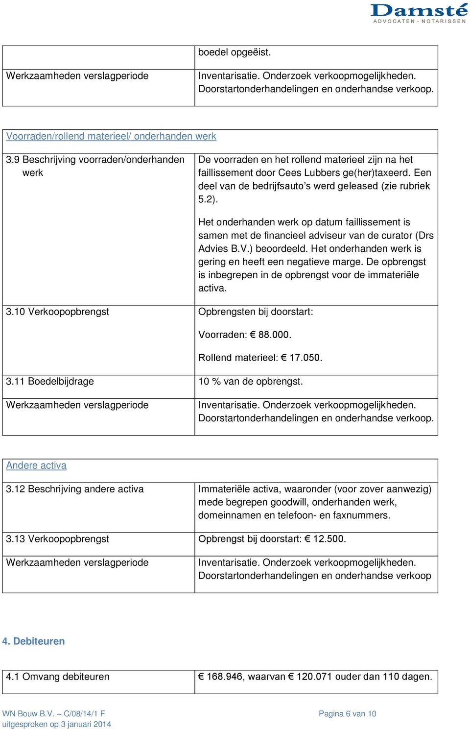 2). 3.10 Verkoopopbrengst Opbrengsten bij doorstart: Het onderhanden werk op datum faillissement is samen met de financieel adviseur van de curator (Drs Advies B.V.) beoordeeld.