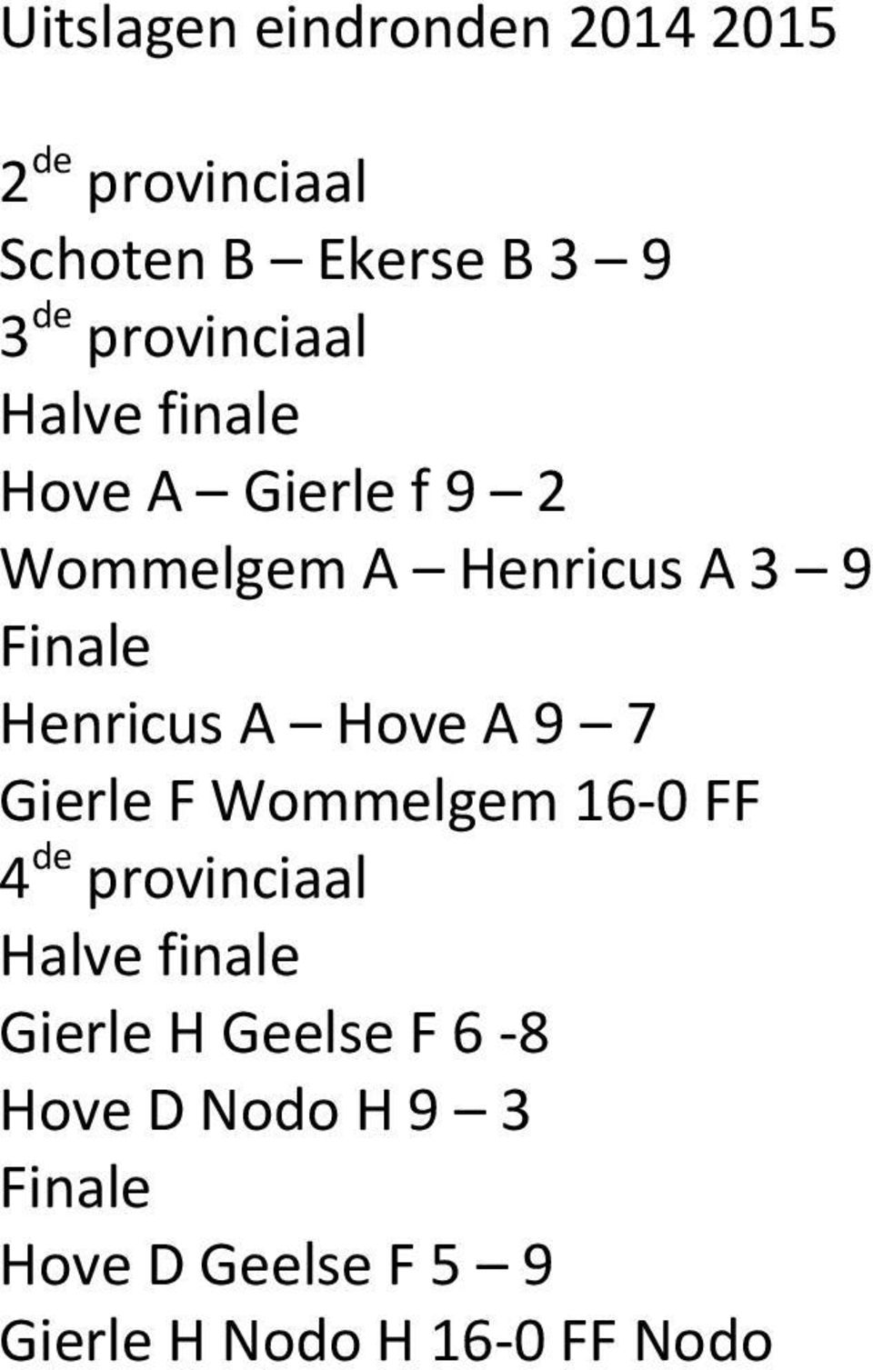Henricus A Hove A 9 7 Gierle F Wommelgem 16 0 FF 4 de provinciaal Halve finale