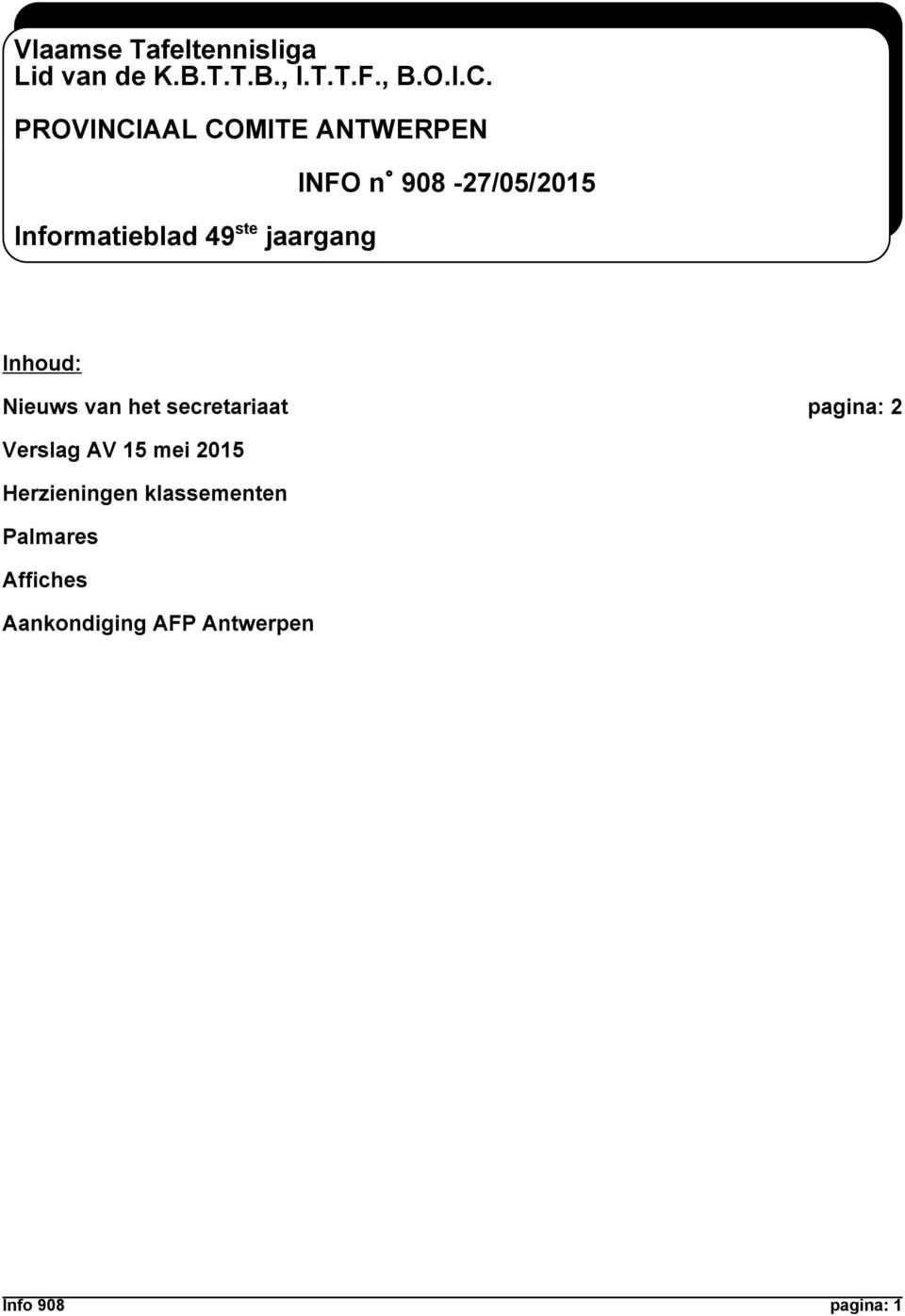 908-27/05/2015 Inhoud: Nieuws van het secretariaat pagina: 2 Verslag AV 15