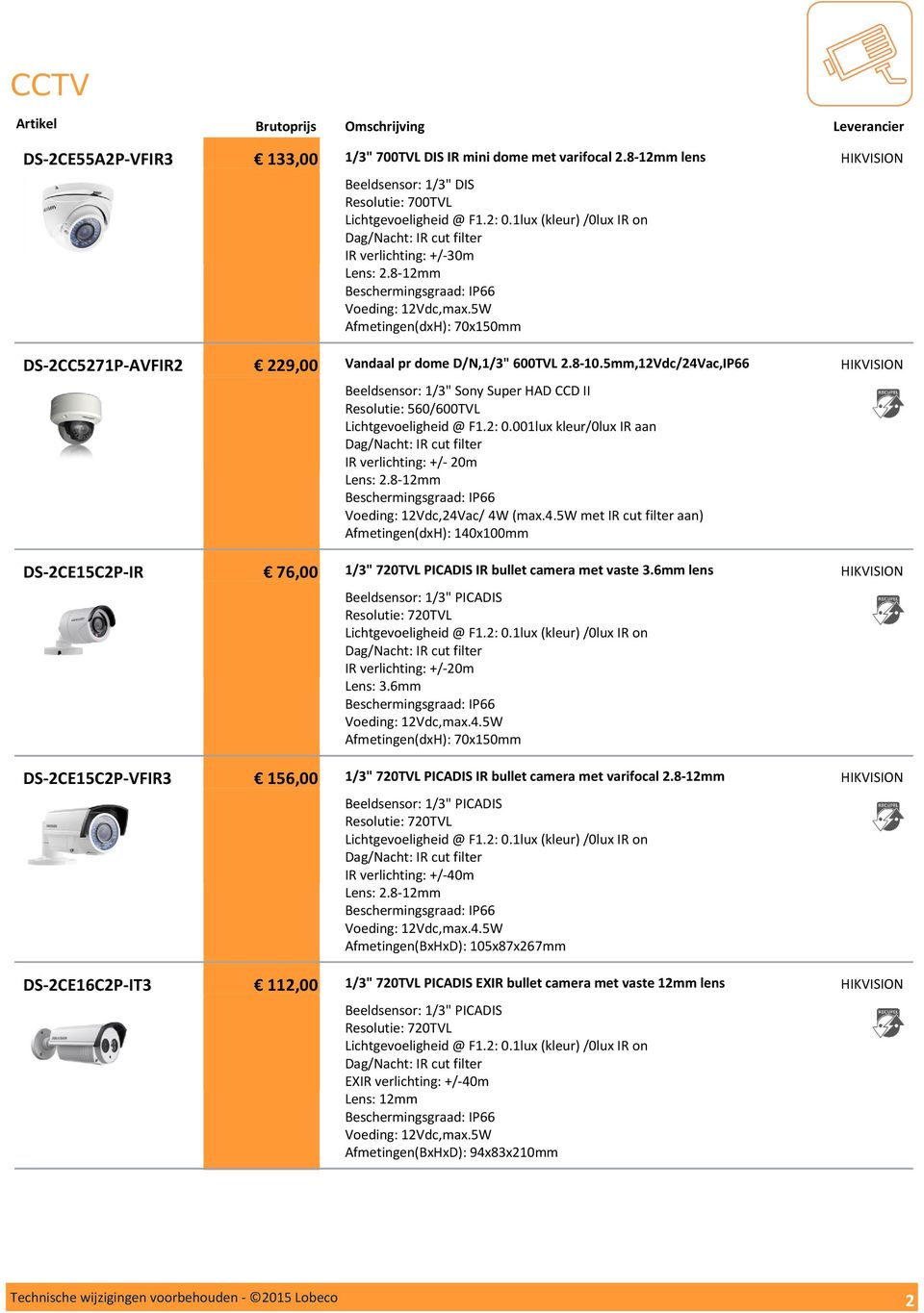 5W Afmetingen(dxH): 70x150mm Vandaal pr dome D/N,1/3" 600TVL 2.8-10.5mm,12Vdc/24Vac,IP66 Beeldsensor: 1/3" Sony Super HAD CCD II Resolutie: 560/600TVL Lichtgevoeligheid @ F1.2: 0.