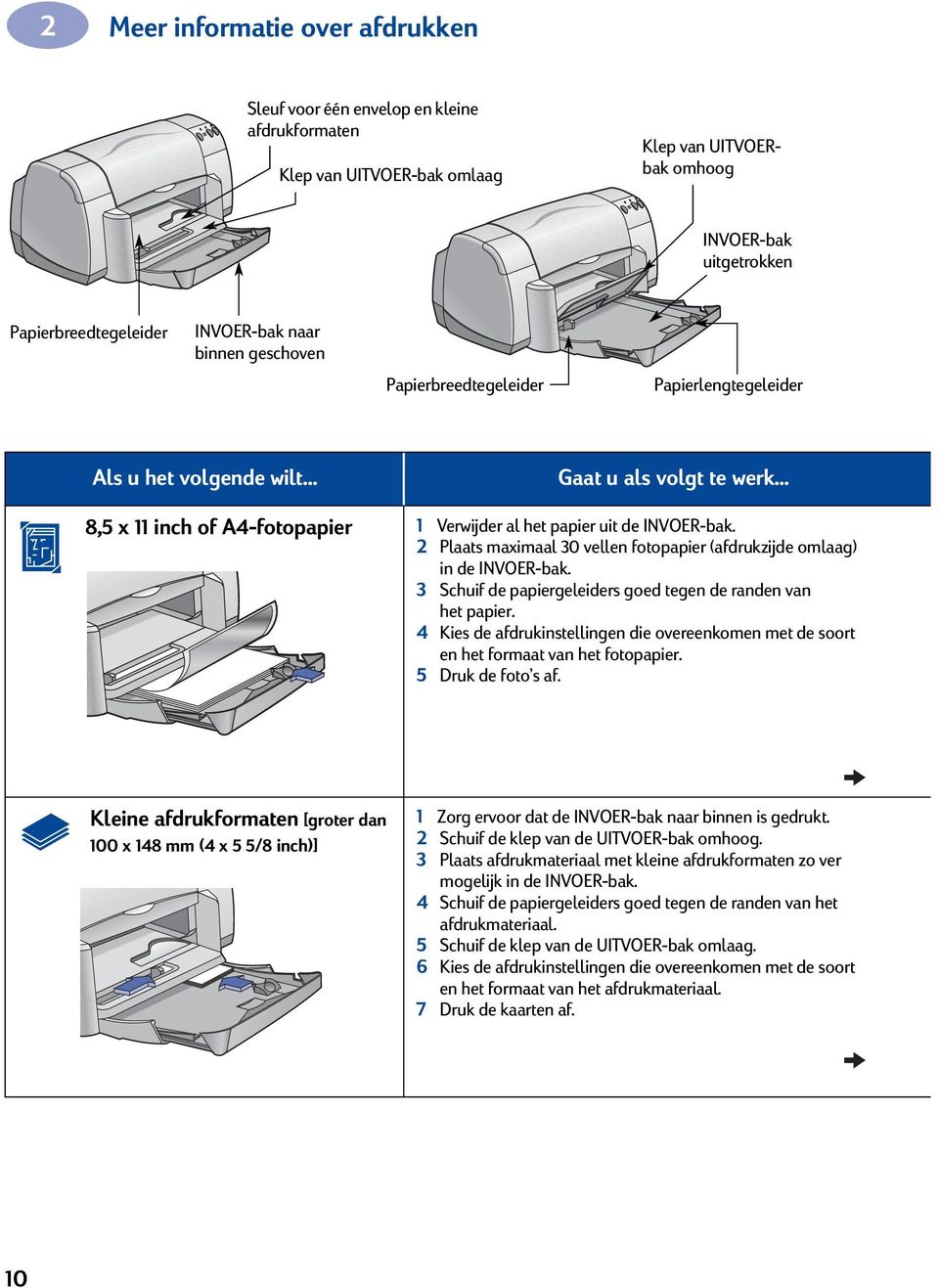 2 Plaats maximaal 30 vellen fotopapier (afdrukzijde omlaag) in de INVOER-bak. 3 Schuif de papiergeleiders goed tegen de randen van het papier.