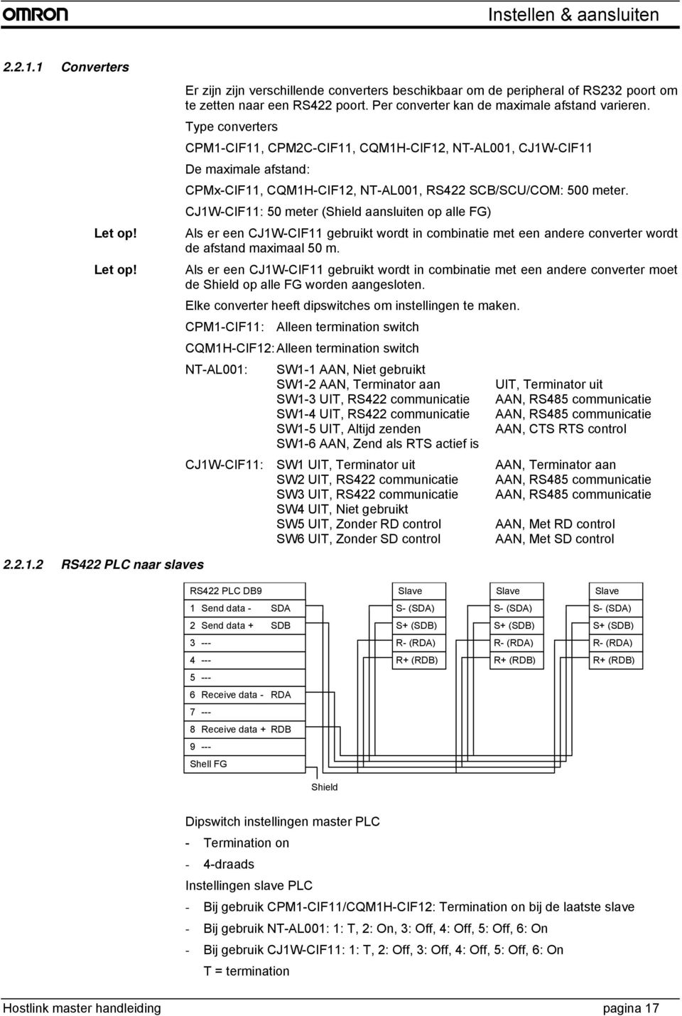 Type converters CPM1-CIF11, CPM2C-CIF11, CQM1H-CIF12, NT-AL001, CJ1W-CIF11 De maximale afstand: CPMx-CIF11, CQM1H-CIF12, NT-AL001, RS422 SCB/SCU/COM: 500 meter.