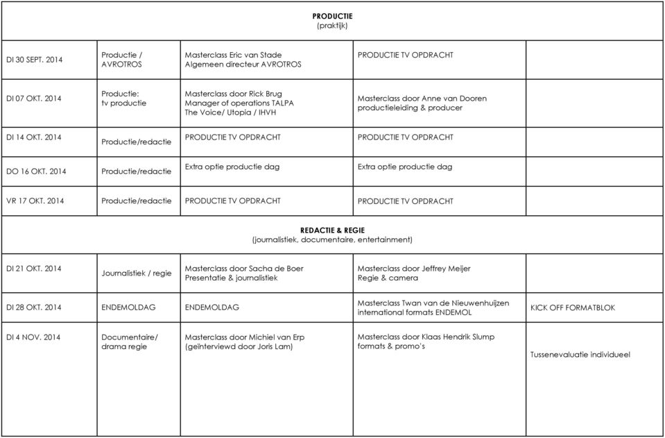 2014 Productie/redactie DO 16 OKT. 2014 Productie/redactie Extra optie productie dag Extra optie productie dag VR 17 OKT.