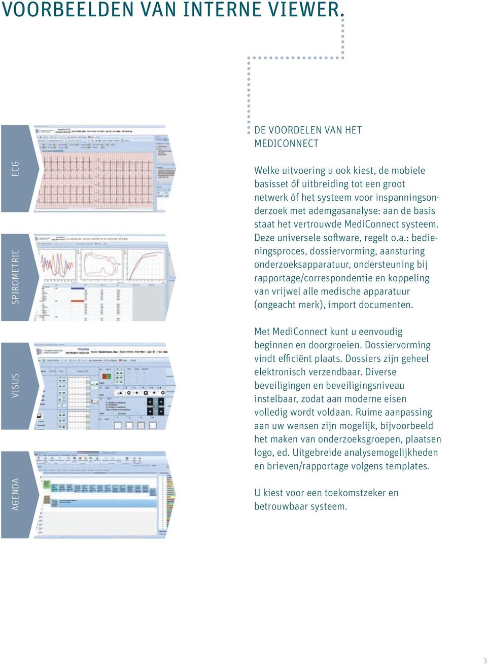 ademgasanalyse: aan de basis staat het vertrouwde MediConnect systeem. Deze universele software, regelt o.a.: bedieningsproces, dossiervorming, aansturing onderzoeksapparatuur, ondersteuning bij