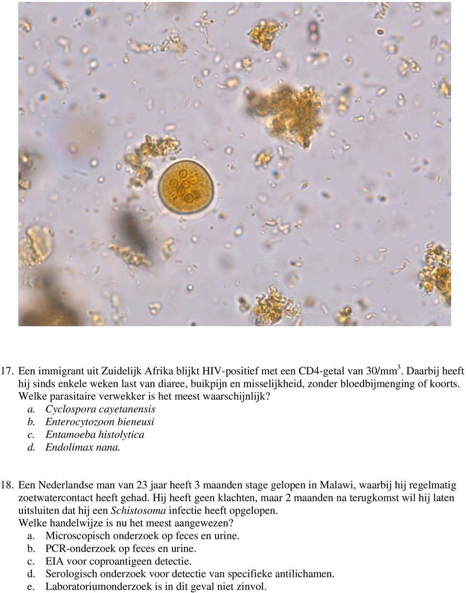 Cyclospora cayetanensis b. Enterocytozoon bieneusi c. Entamoeba histolytica d. Endolimax nana. 18.